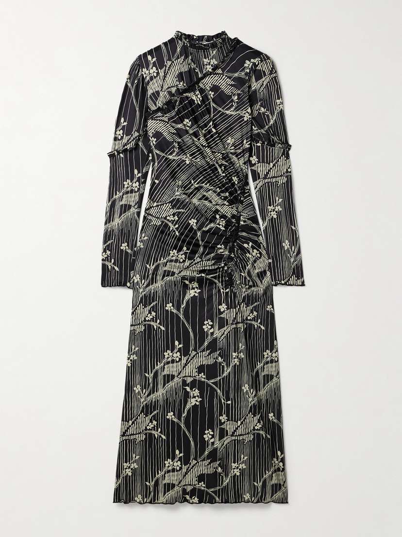 Sea Sunniva Ruched Ruffled Printed Stretch-jersey Midi Dress