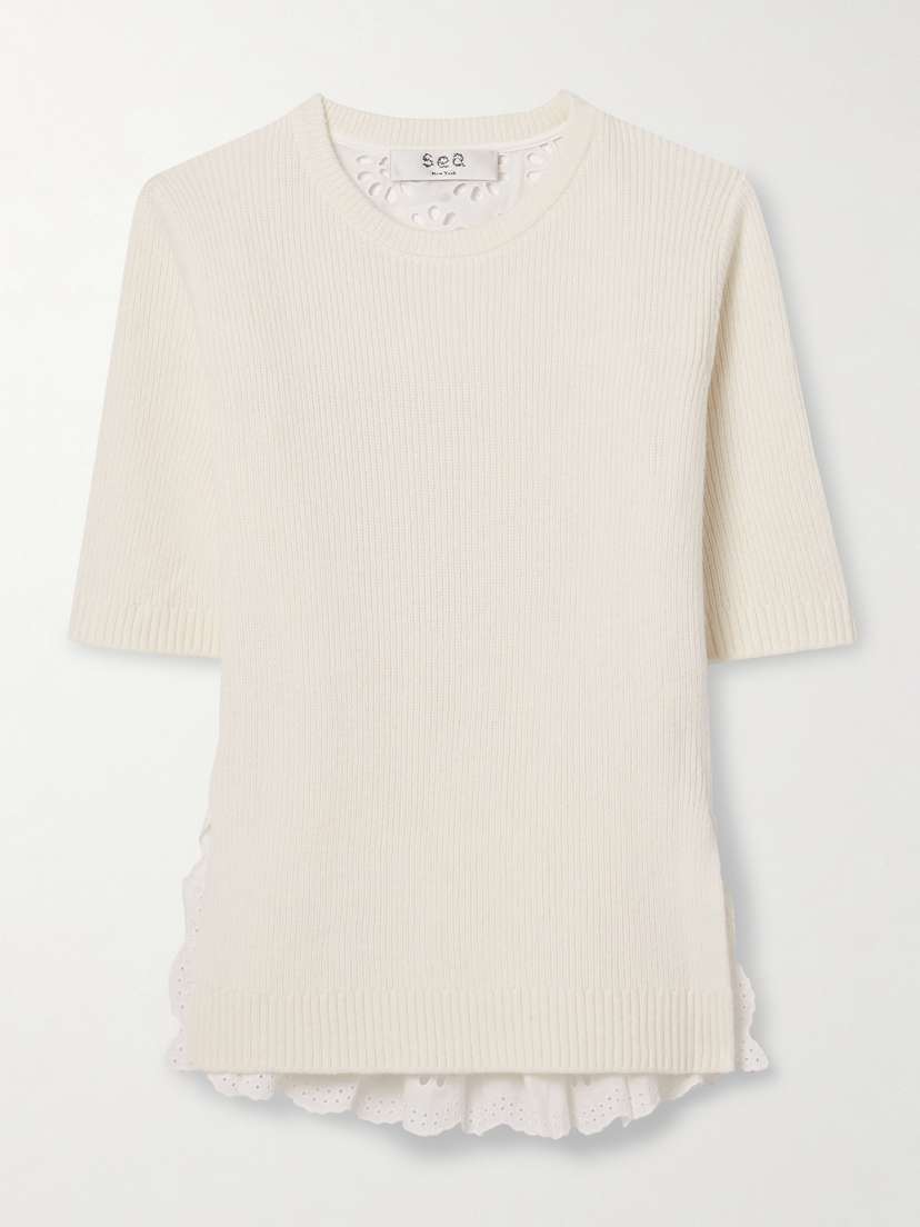 Sea Lennon Ribbed Merino Wool-blend And Broderie Anglaise Cotton Top