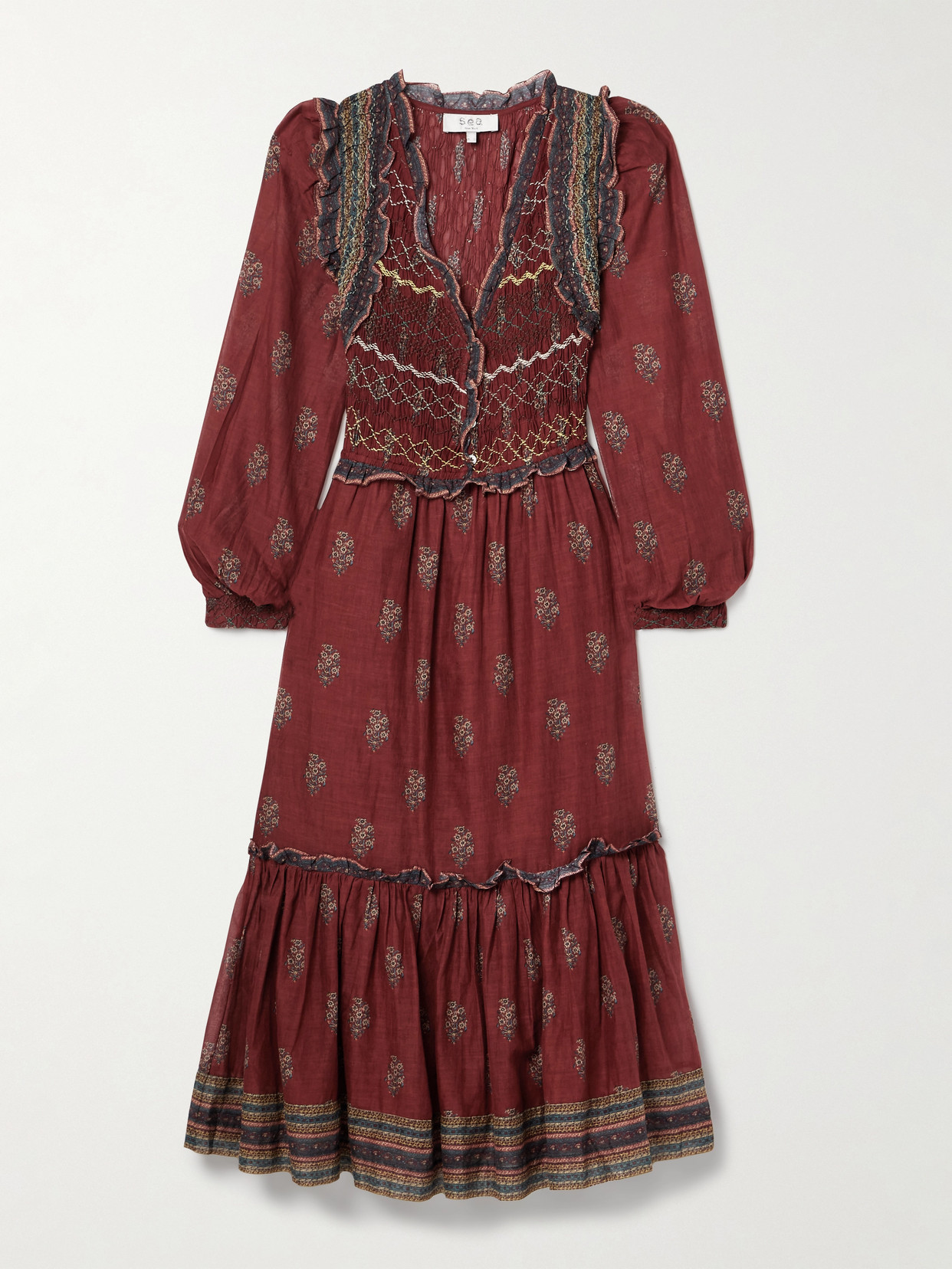 Sea Sierra Smocked Ruffled Printed Cotton-voile Midi Dress In Red
