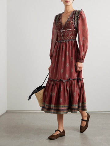 Sea Sierra smocked ruffled printed cotton-voile midi dress