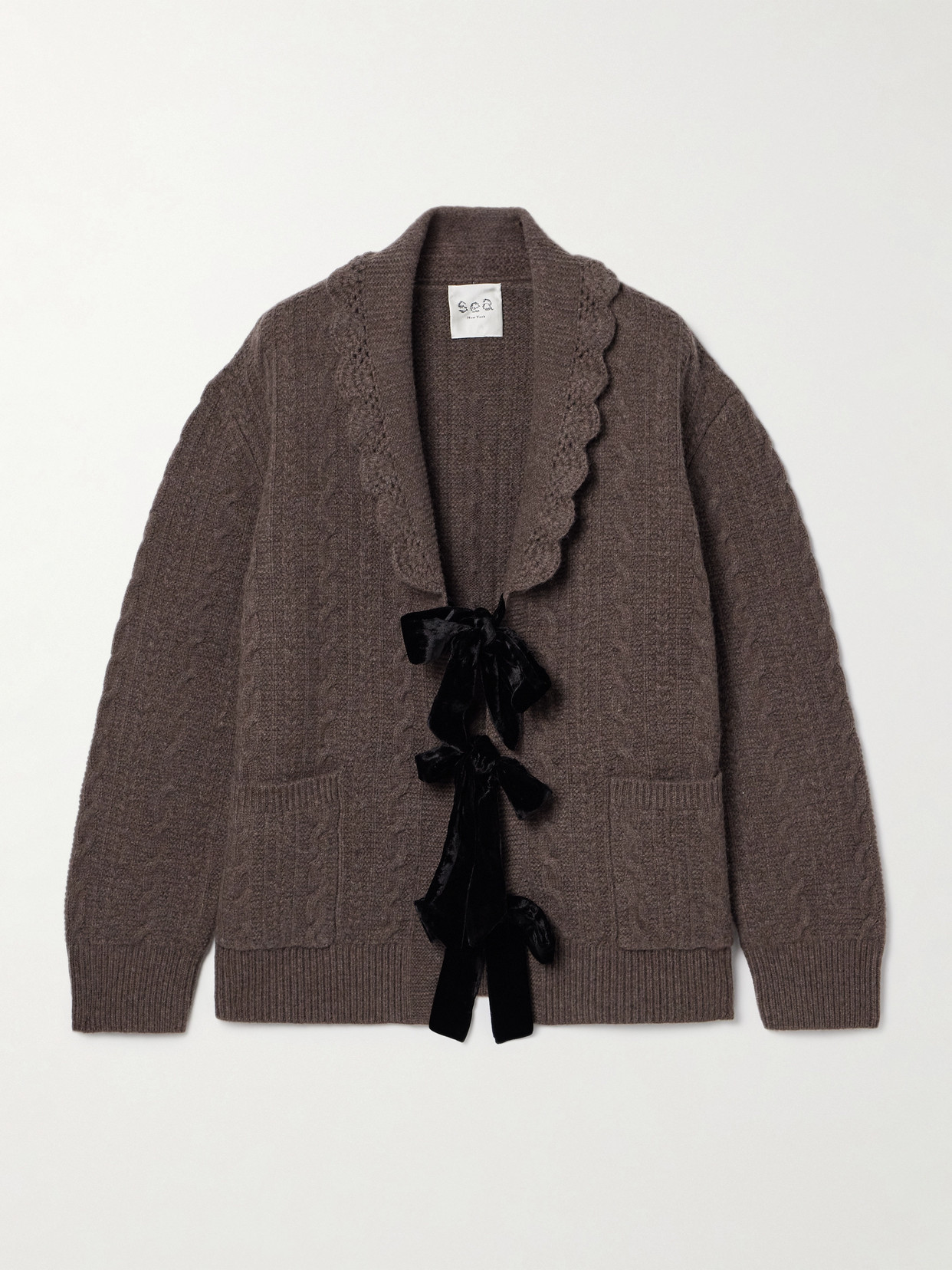 Sea - Mariella Tie-detailed Velvet-trimmed Cable-knit Merino Wool Cardigan - Brown