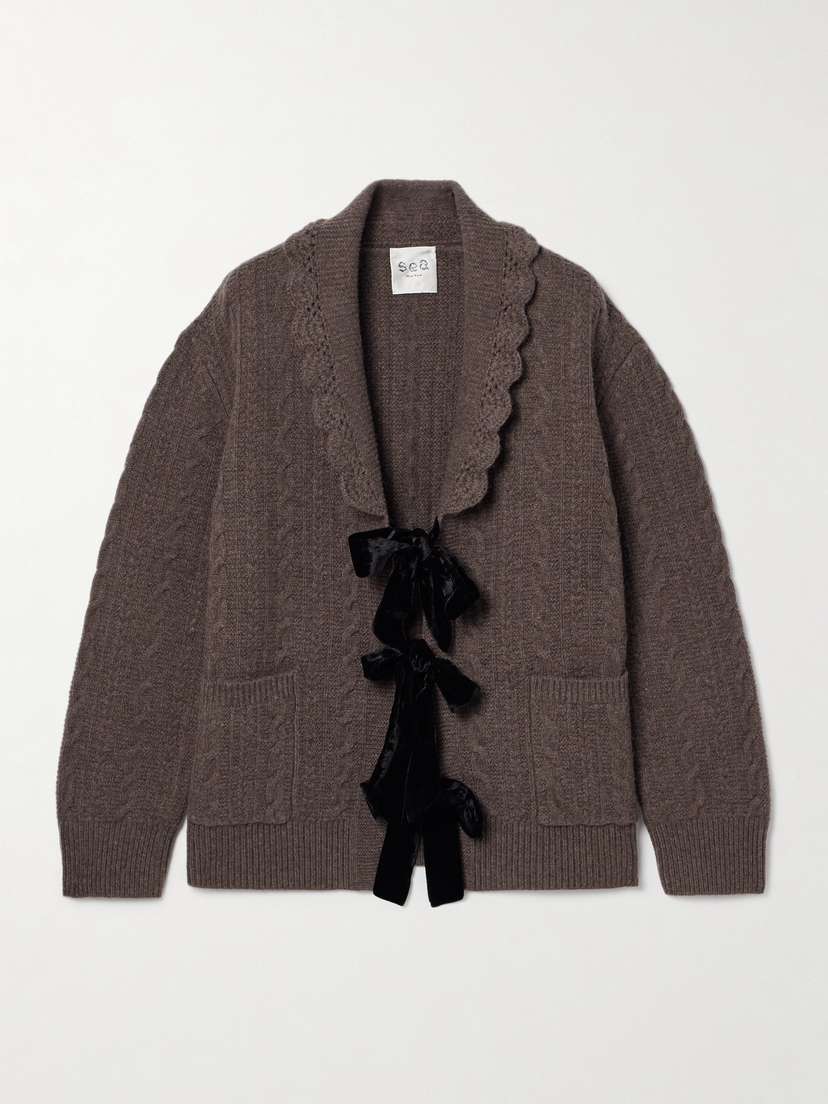 Sea Mariella Tie-detailed Velvet-trimmed Cable-knit Merino Wool Cardigan