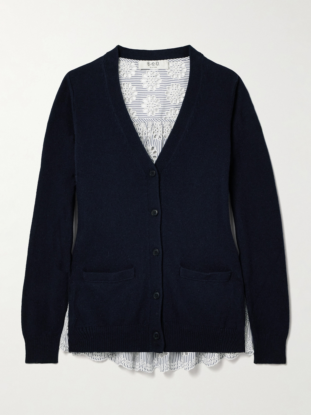 Sea - Lennon Paneled Merino Wool-blend And Striped Broderie Anglaise Cotton-poplin Cardigan - Blue