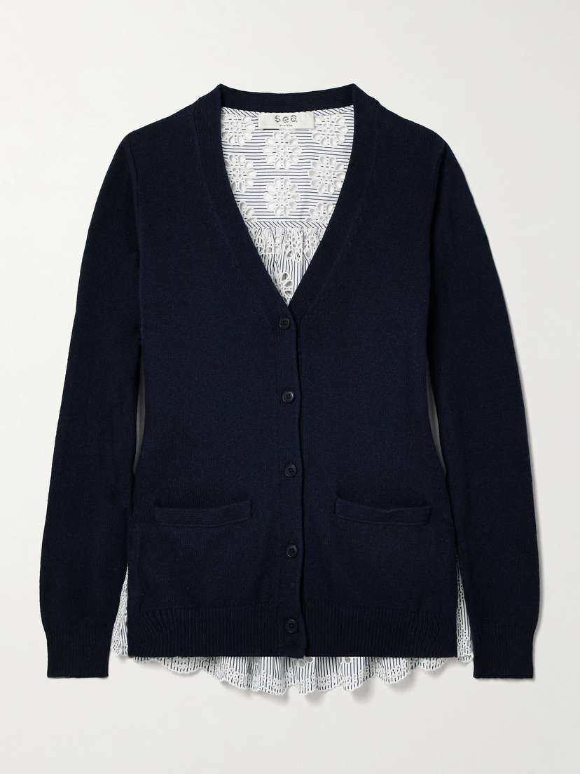 Sea Lennon Paneled Merino Wool-blend And Striped Broderie Anglaise Cotton-poplin Cardigan