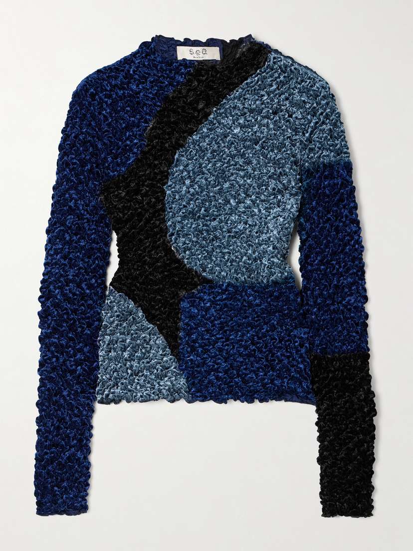 Sea Malene Smocked Patchwork Crushed-velvet Top