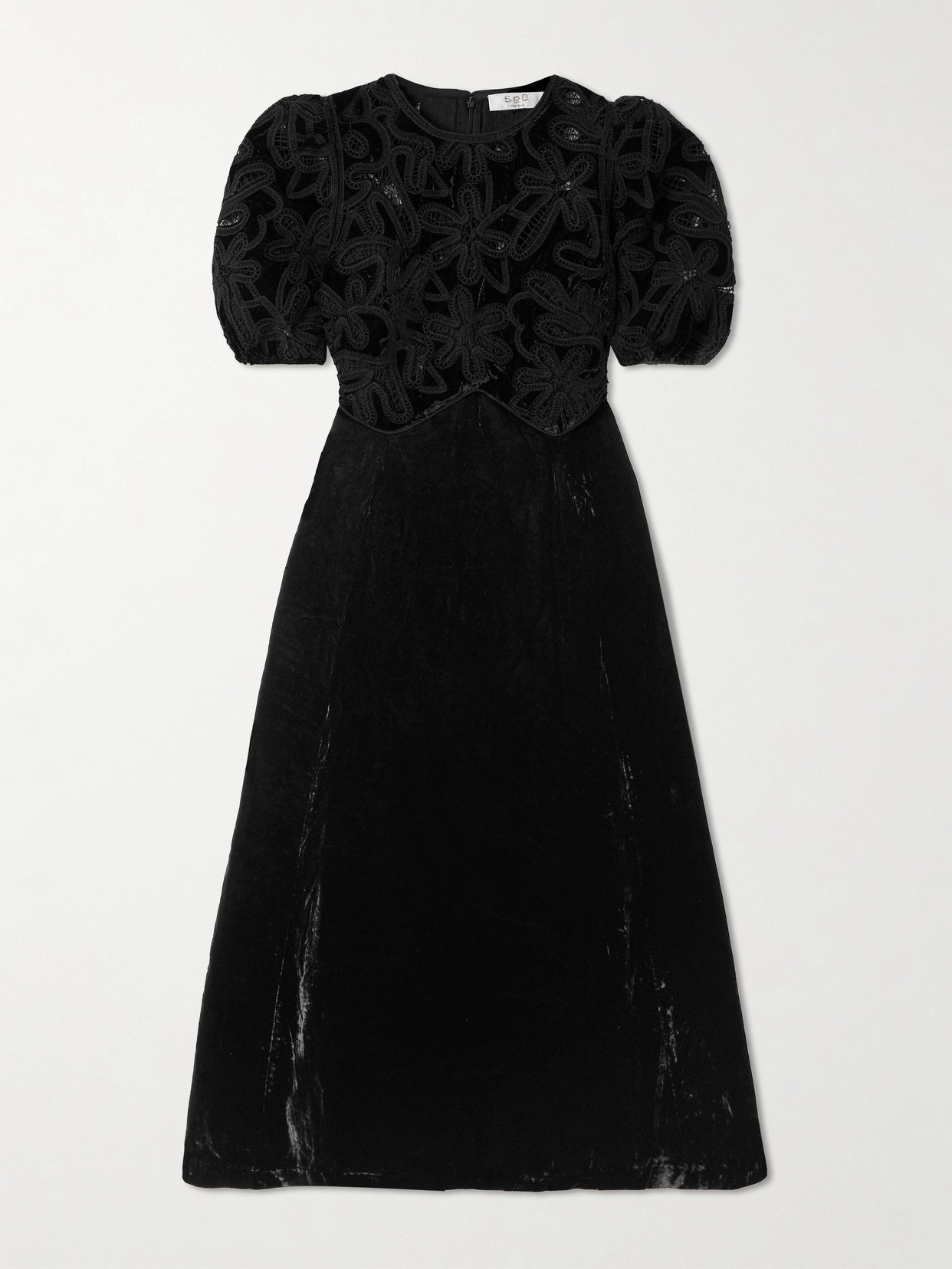 Sea Alice Embroidered Lace-trimmed Velvet Midi Dress In Black