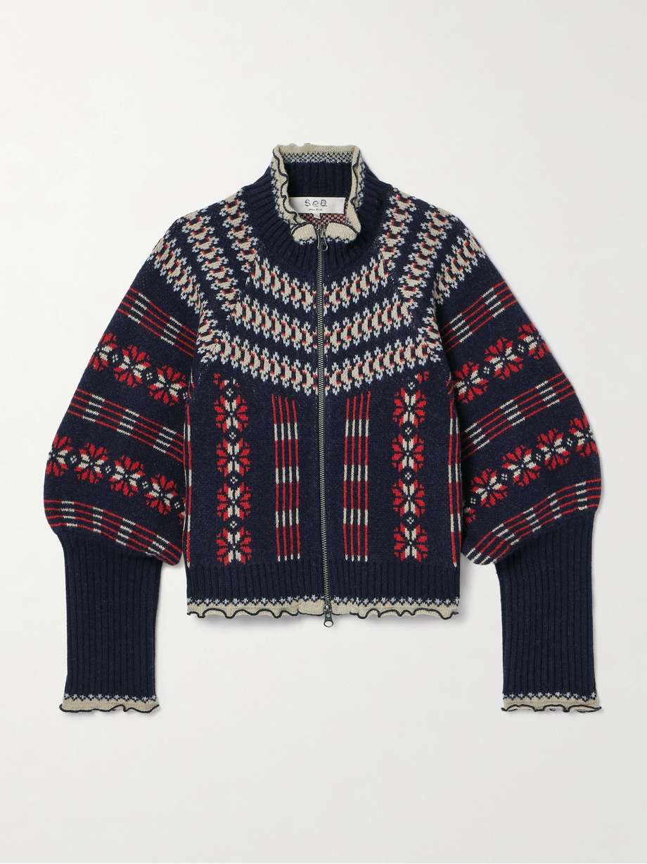 Sea's 'Ayla' cardigan is jacquard-knitted with a bright Fair Isle motif that's both classic and whimsical. Made from extra fine merino wool, it has puffed sleeves and ruffled trims tracing the ribbed cuffs, collar and hem.