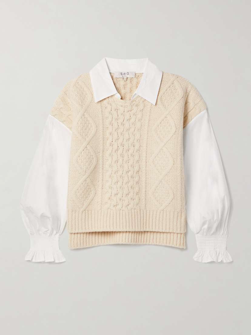 Sea Devana Cable-knit Wool-blend And Cotton-poplin Sweater
