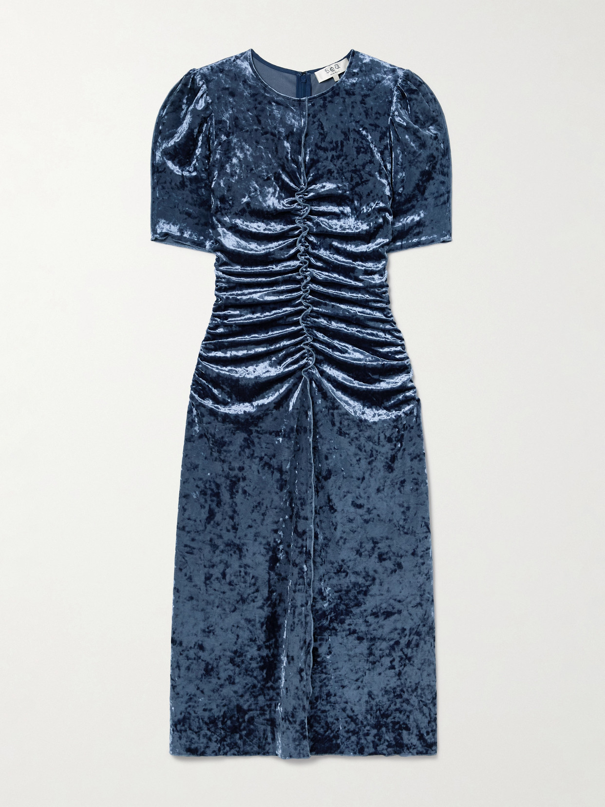 Sea Cailyn Ruched Crushed-velvet Midi Dress In Blue