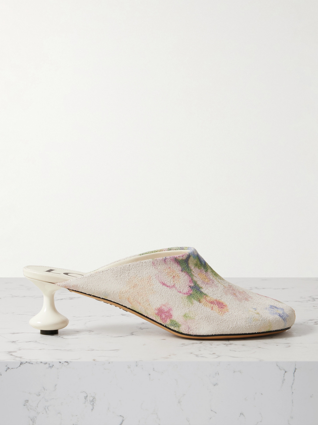 Loewe Toy Floral-print Brushed-suede Mules In White