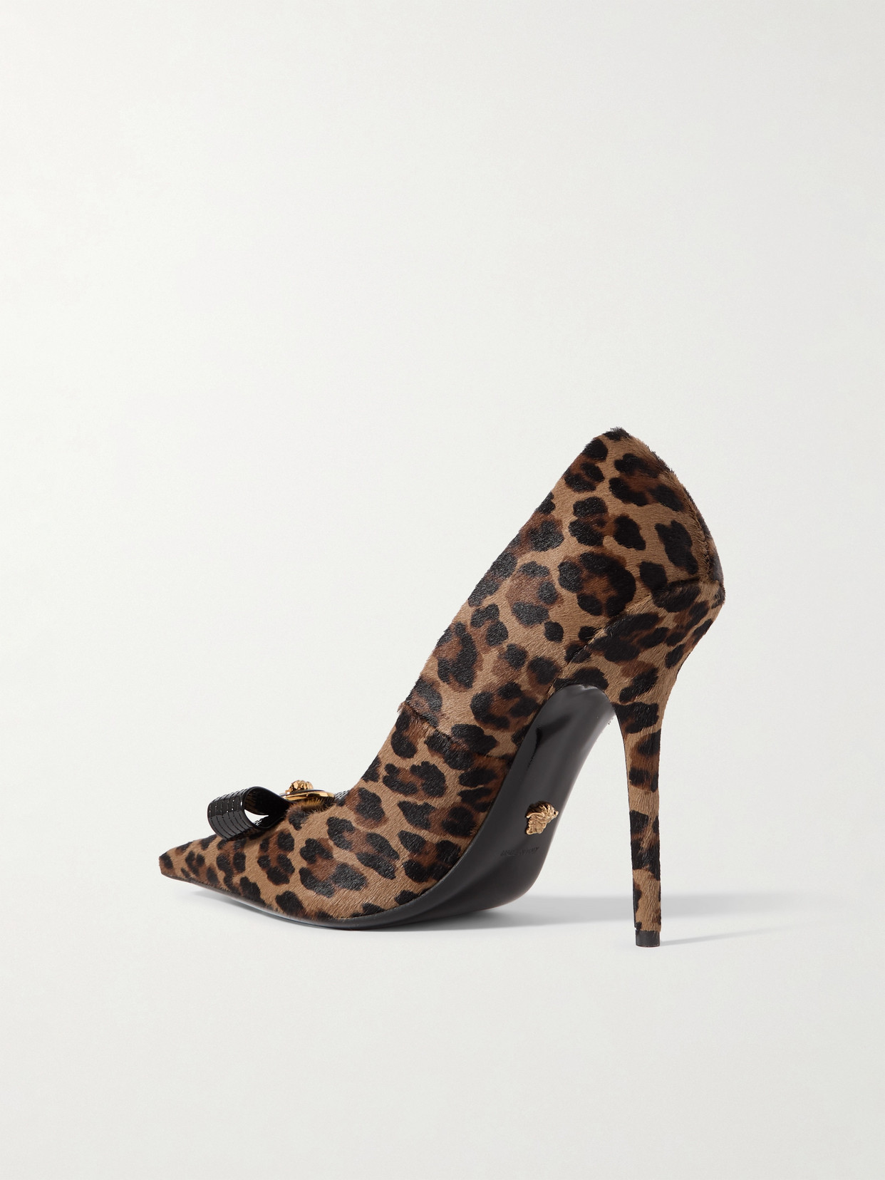 Versace Embellished Patent Leather-trimmed Leopard-print Calf Hair Pumps In Brown