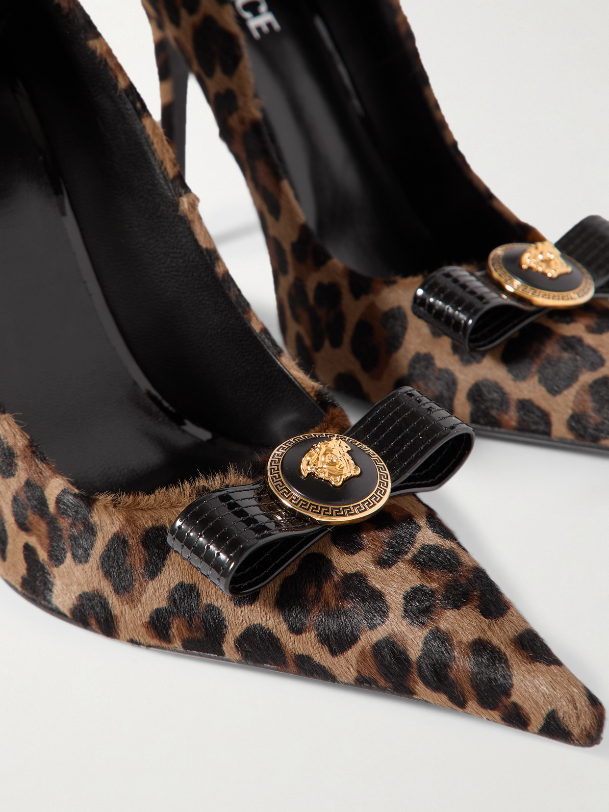 Versace Embellished Patent Leather-trimmed Leopard-print Calf Hair Pumps In Brown