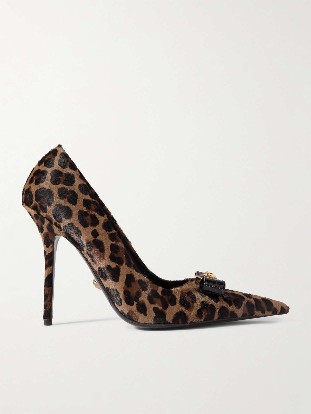 Versace Embellished Patent Leather-trimmed Leopard-print Calf Hair Pumps In Brown