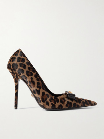 Versace Embellished patent leather-trimmed leopard-print calf hair pumps