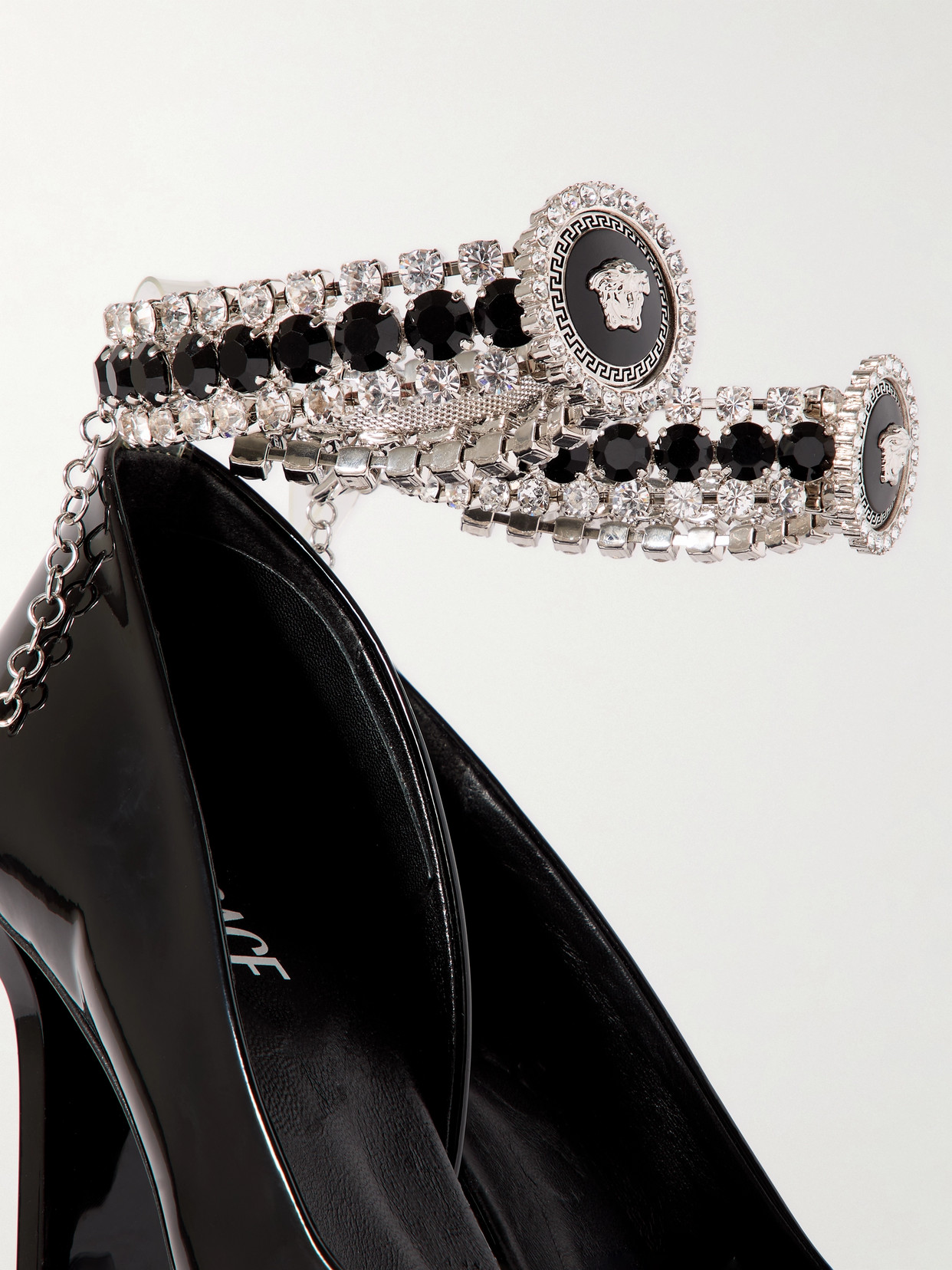 Versace Embellished Patent-leather Point-toe Pumps In Black