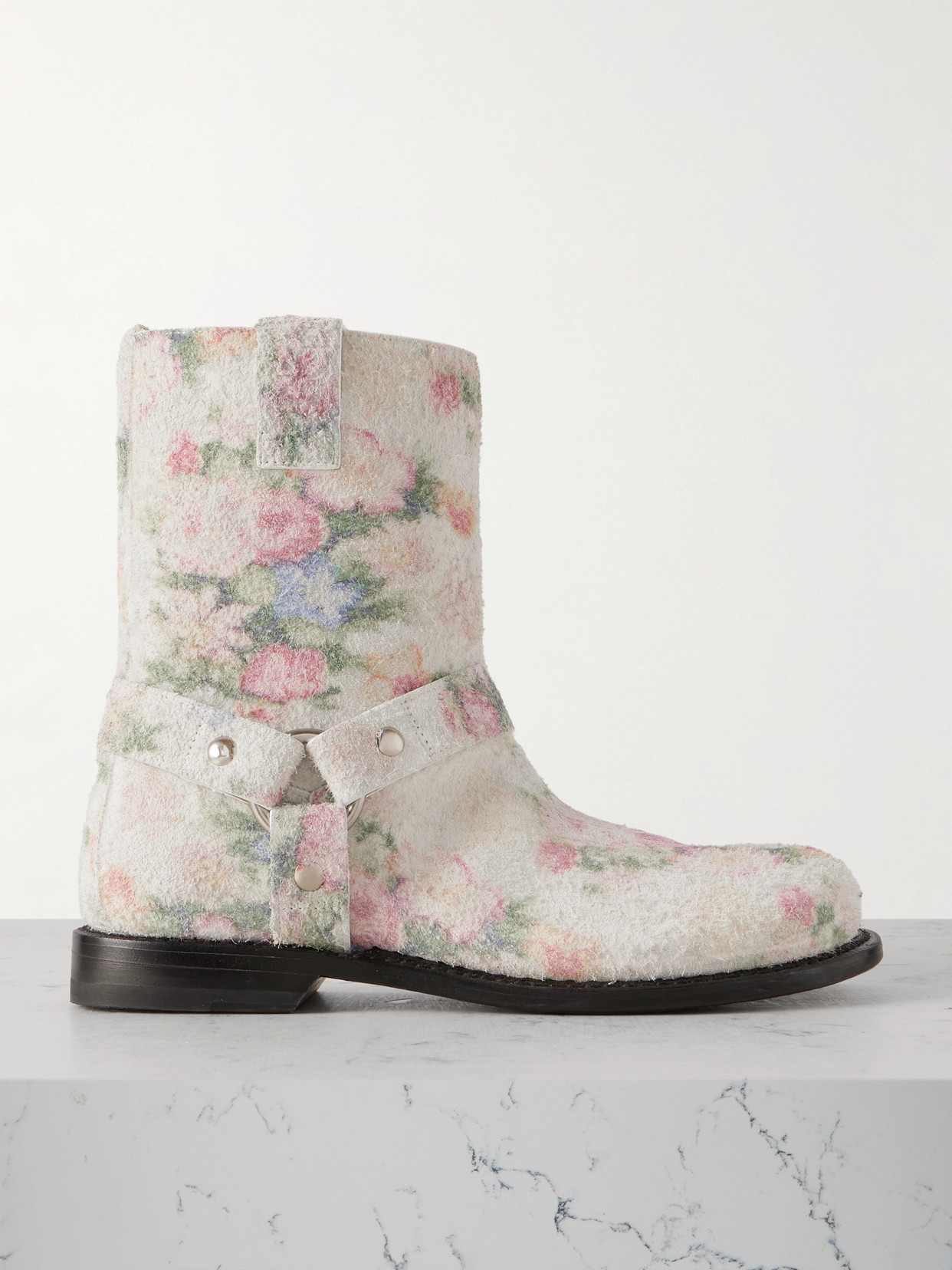 Loewe - Campo Floral-print Brushed-suede Ankle Boots - White