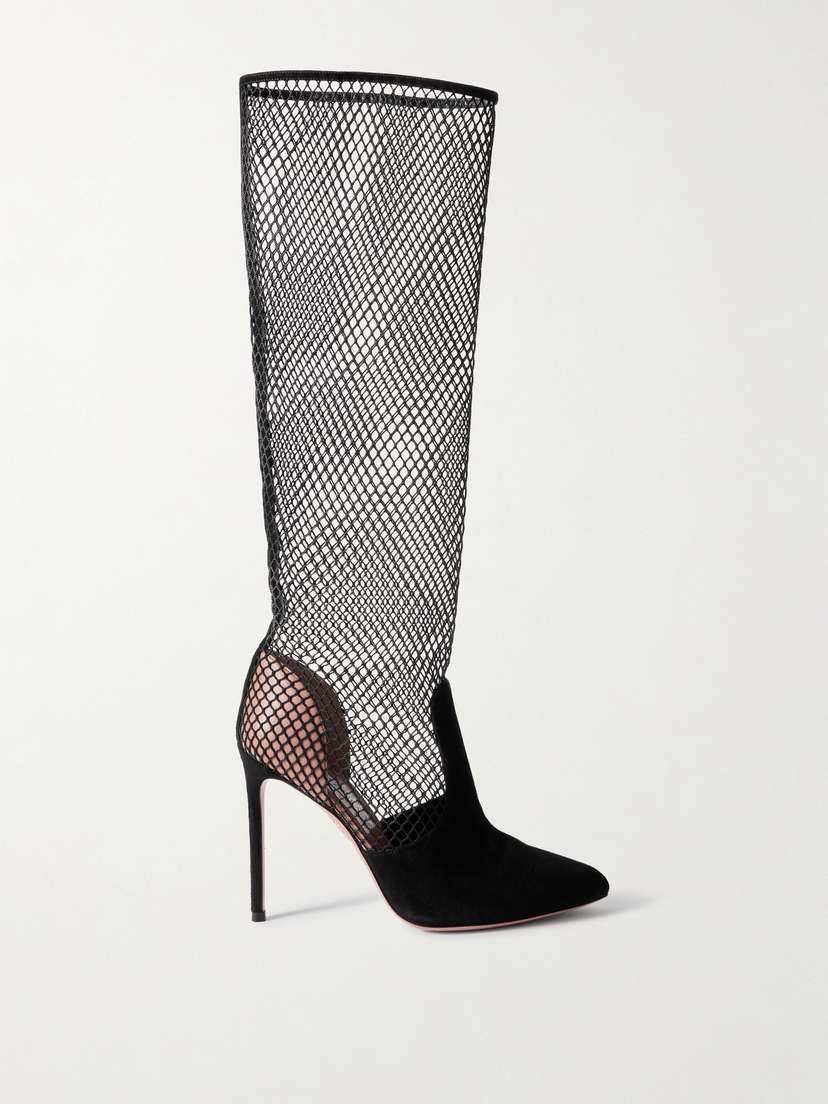 Aquazzura Brera 105 Suede-trimmed Fishnet Knee Boots