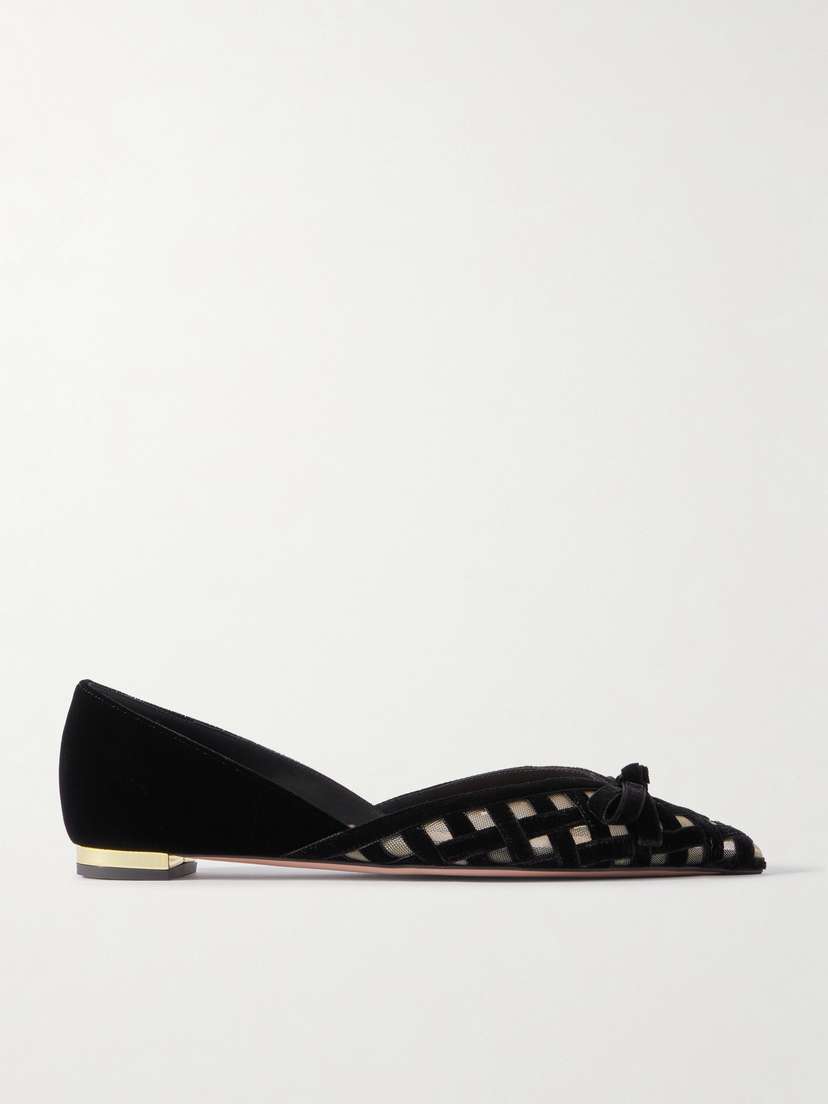Aquazzura Romance Bow-embellished Mesh-trimmed Velvet Pointed-toe Ballet Flats