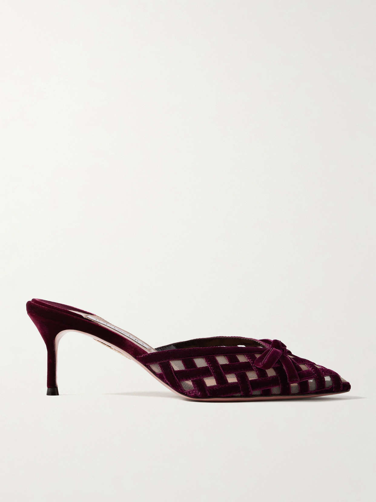 Aquazzura Romance 65 Bow-embellished Velvet And Mesh Pointed-toe Pumps In Burgundy