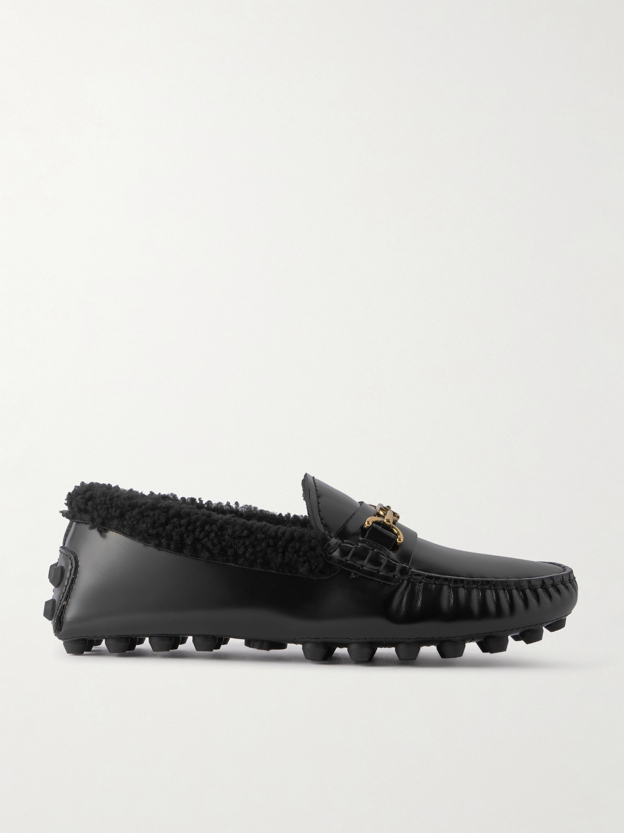 Tod's - Gommino Macro Embellished Shearling-trimmed Leather Loafers - Black