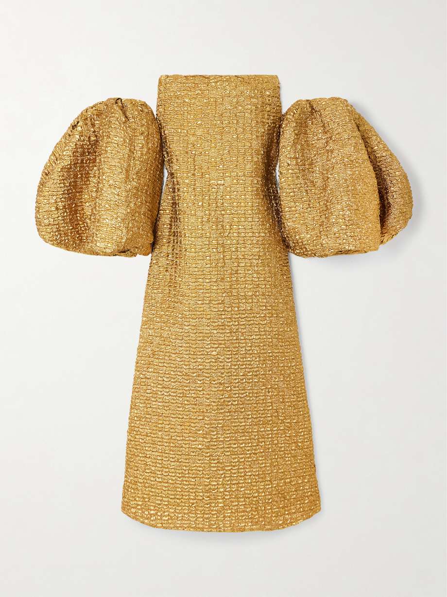 off-the-shoulder metallic-cloqué gown