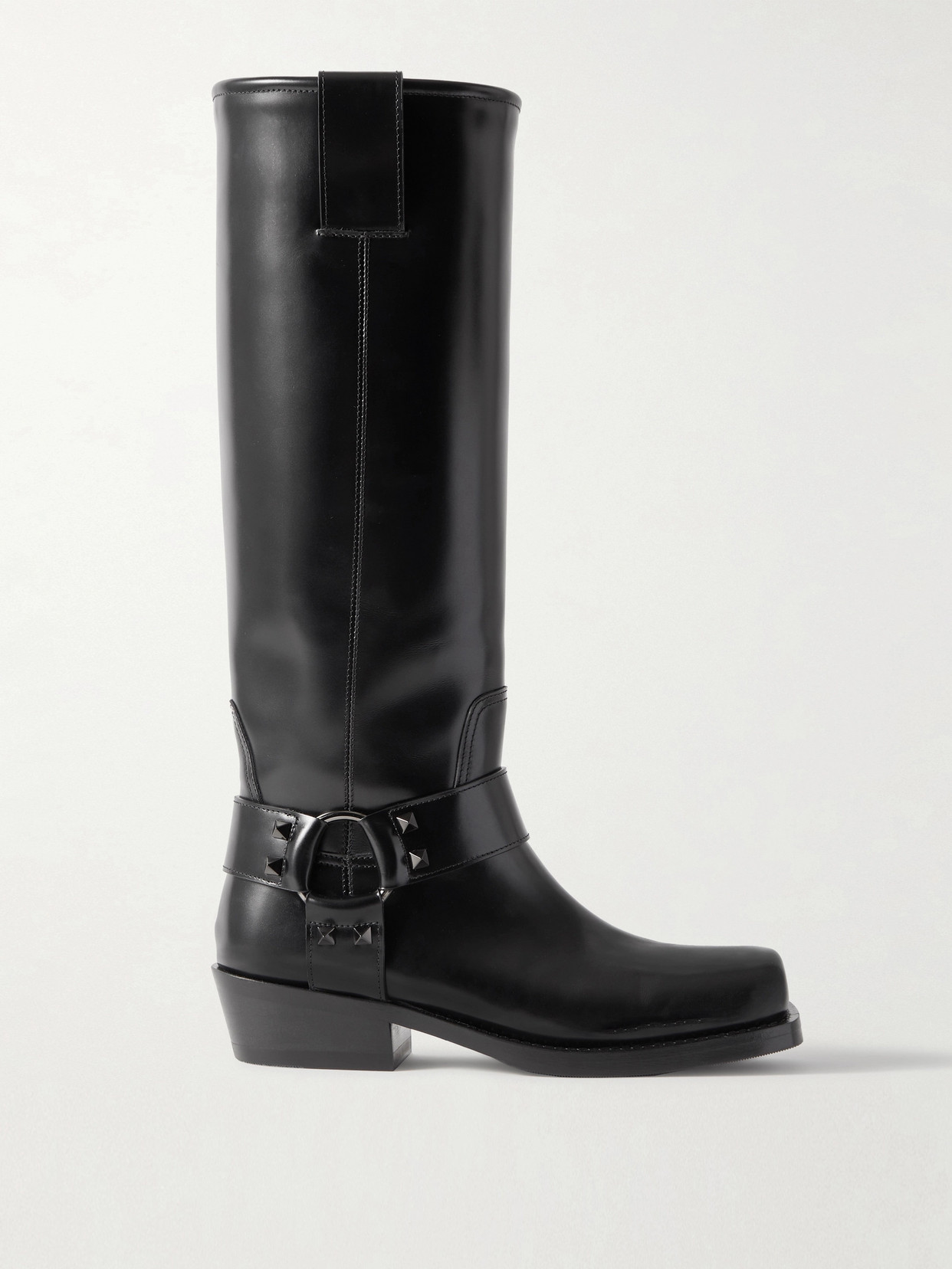 Valentino Rockstud Biker Knee-high Leather Boots In Black