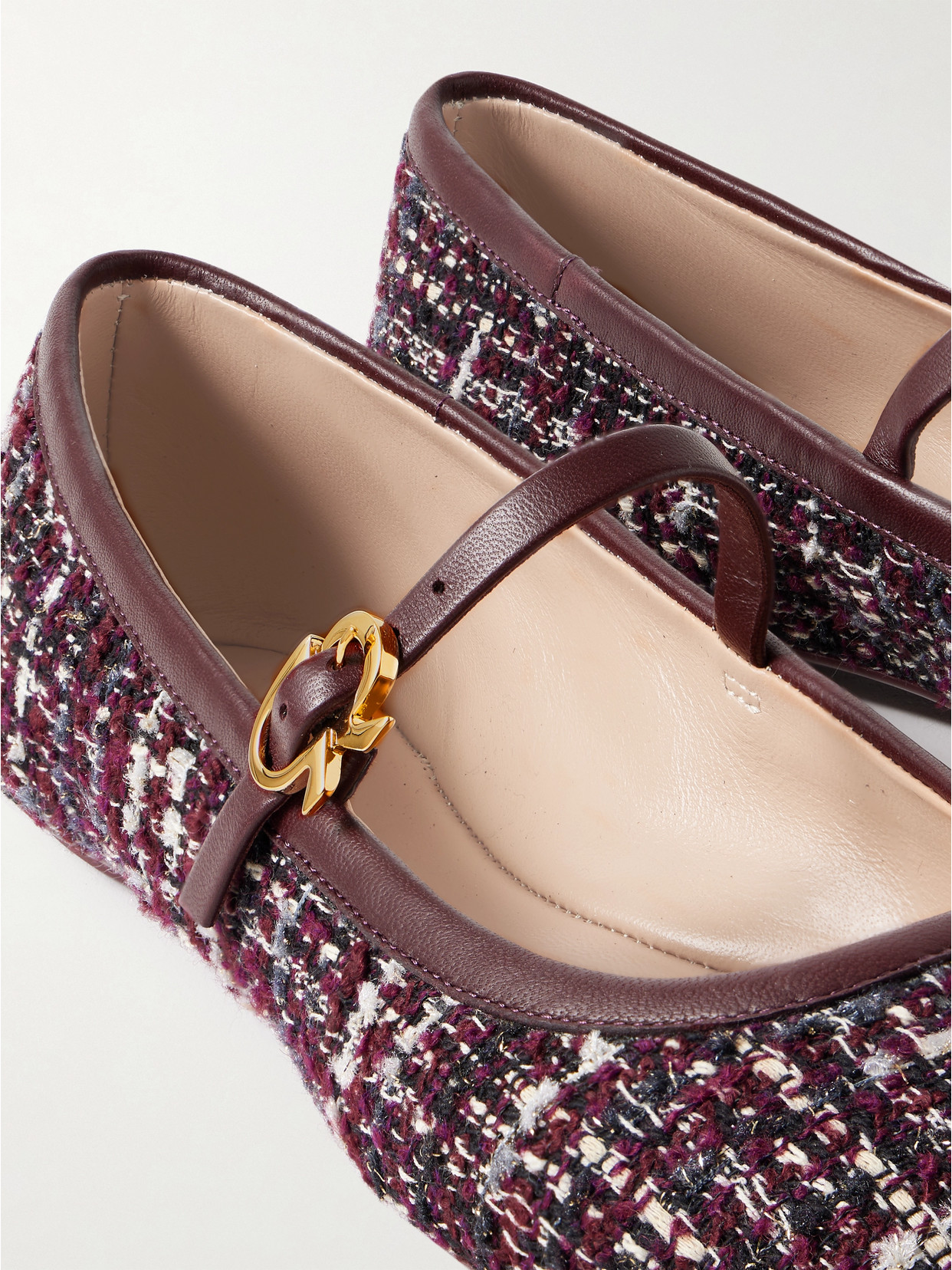 Gianvito Rossi Carla Leather-trimmed Tweed Mary Jane Ballet Flats In Burgundy
