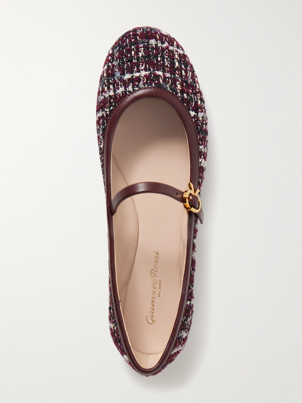Gianvito Rossi Carla Leather-trimmed Tweed Mary Jane Ballet Flats In Burgundy
