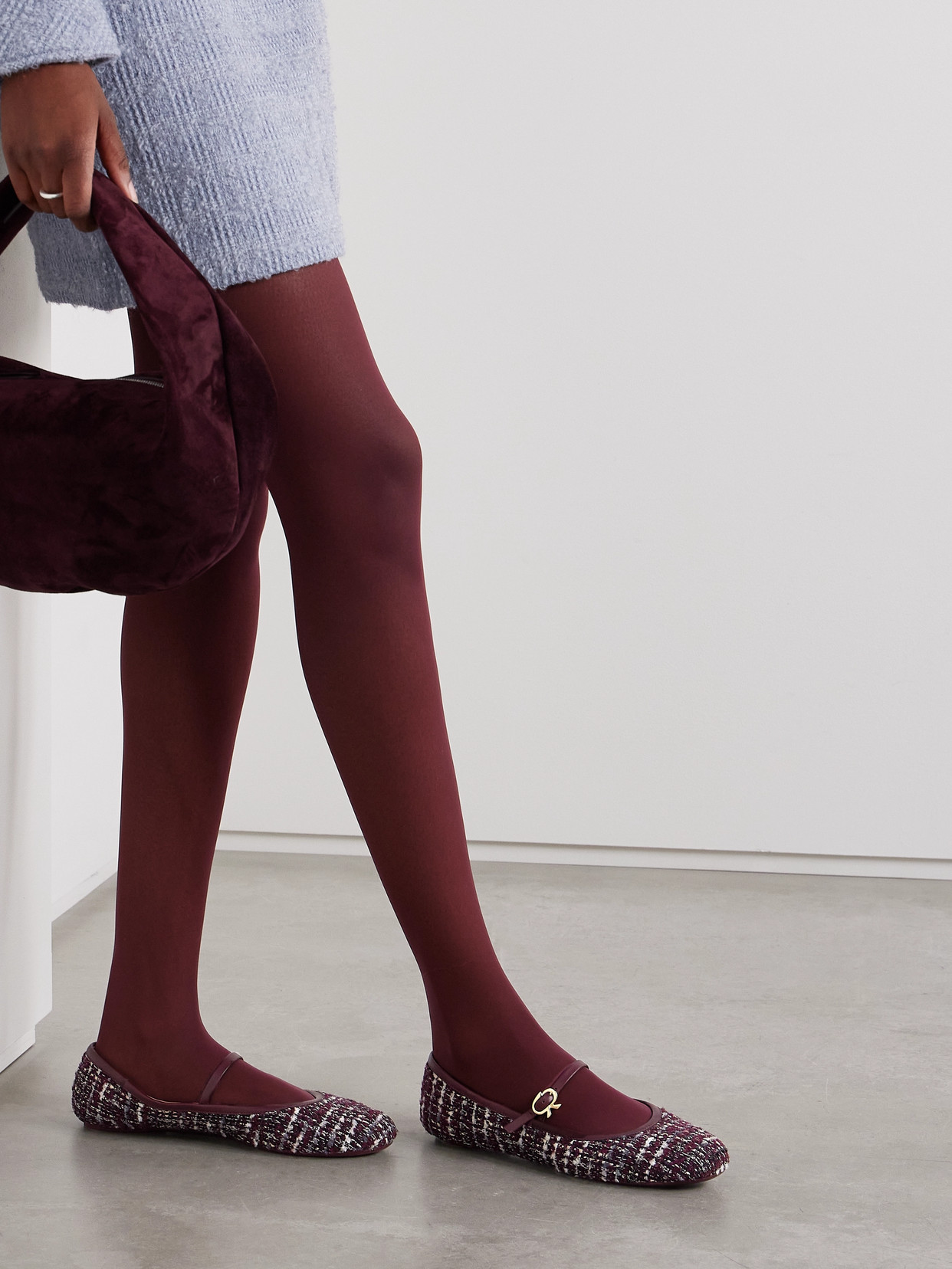 Gianvito Rossi Carla Leather-trimmed Tweed Mary Jane Ballet Flats In Burgundy