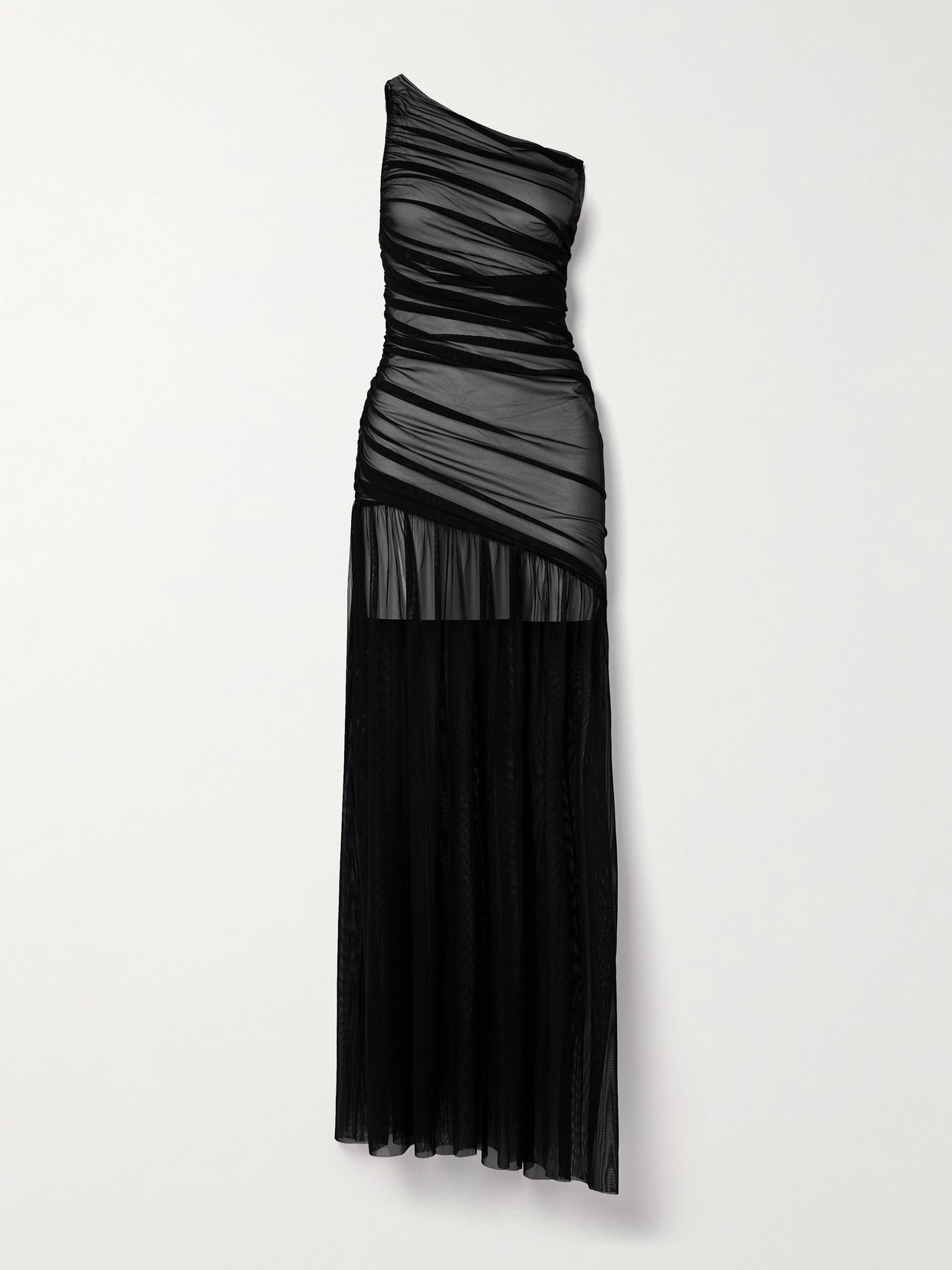 Norma Kamali - Diana Pickleball One-shoulder Ruched Stretch-mesh Gown - Black