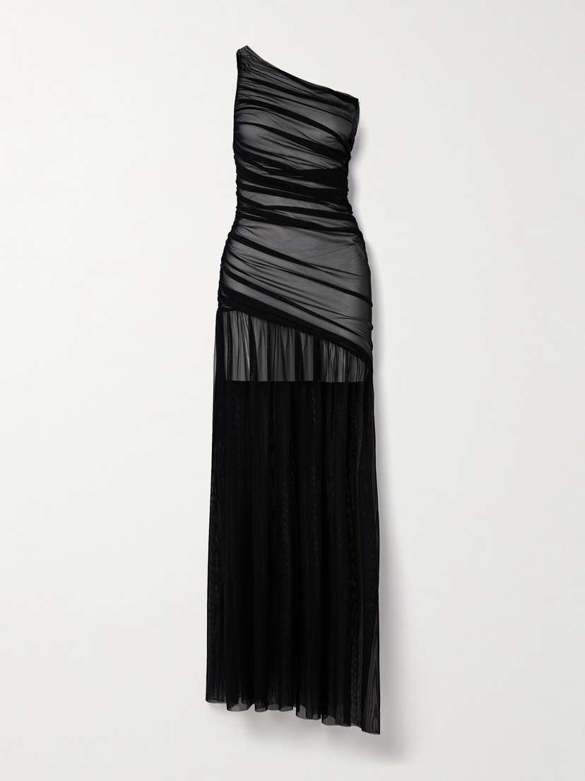 Norma Kamali Diana Pickleball One-shoulder Ruched Stretch-mesh Gown