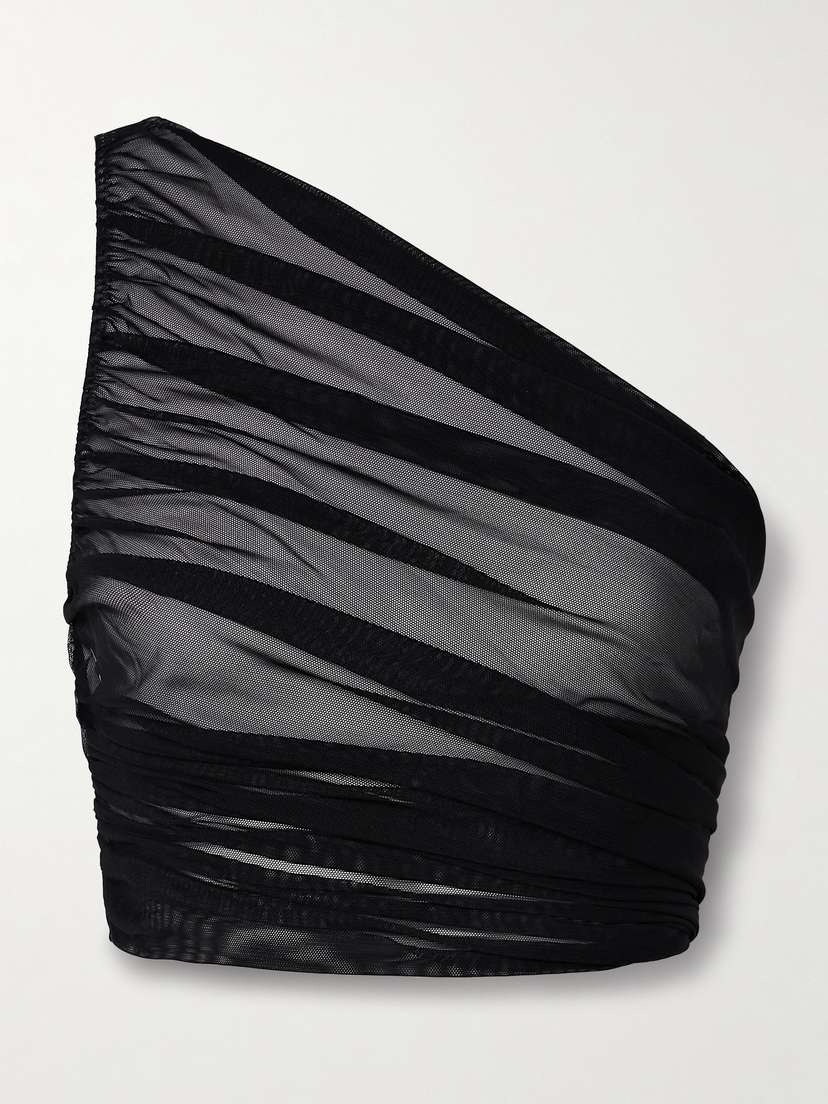 Norma Kamali Diana One-shoulder Ruched Stretch-mesh Top