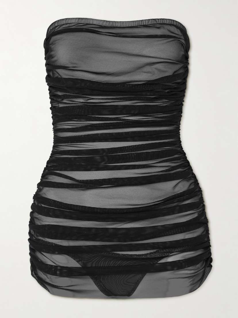 Norma Kamali Bill Mio Strapless Ruched Tulle Swimsuit