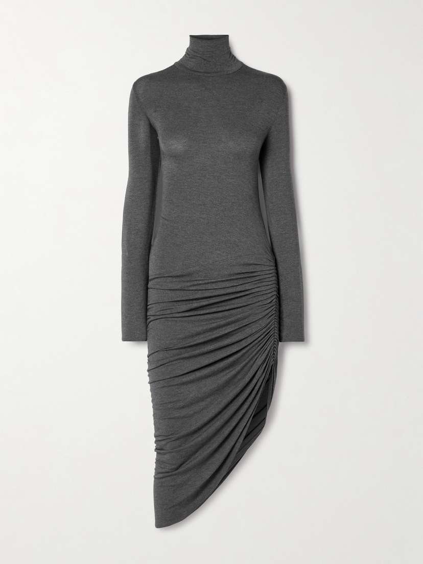 Norma Kamali Ruched Jersey Turtleneck Midi Dress