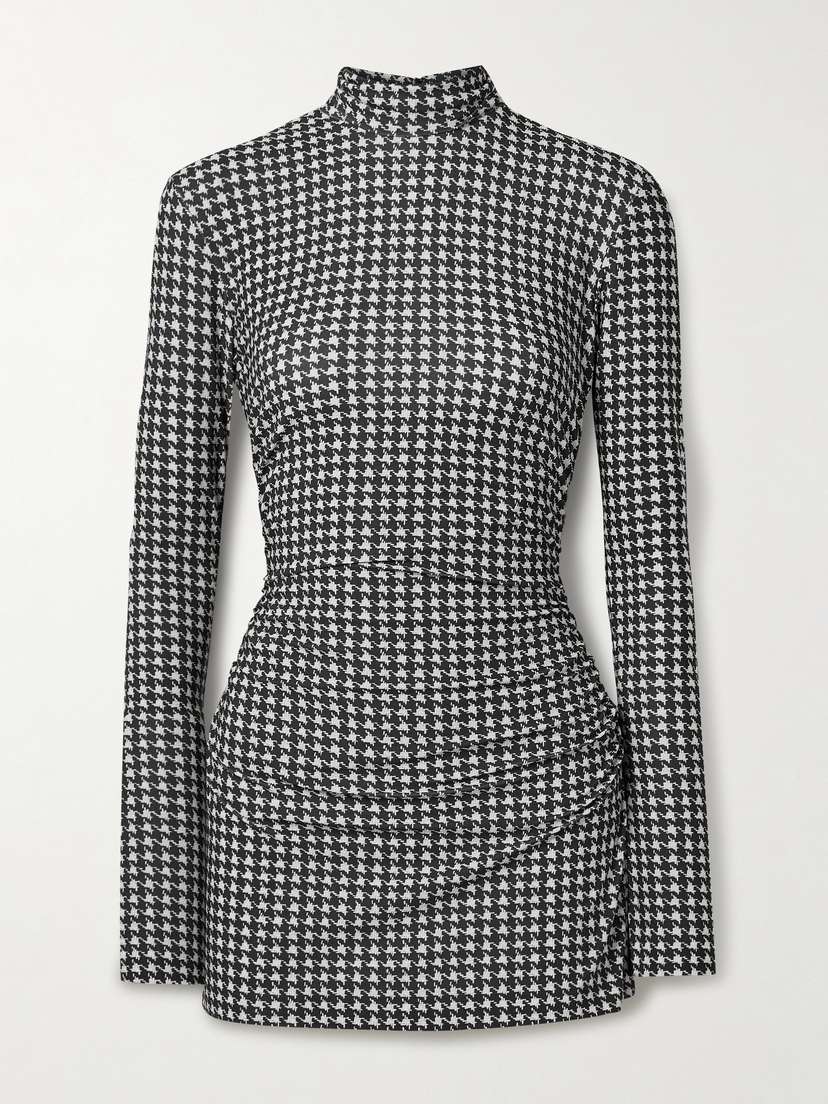 Norma Kamali Pickleball Ruched Houndstooth Stretch-jersey Turtleneck Mini Dress - x large
