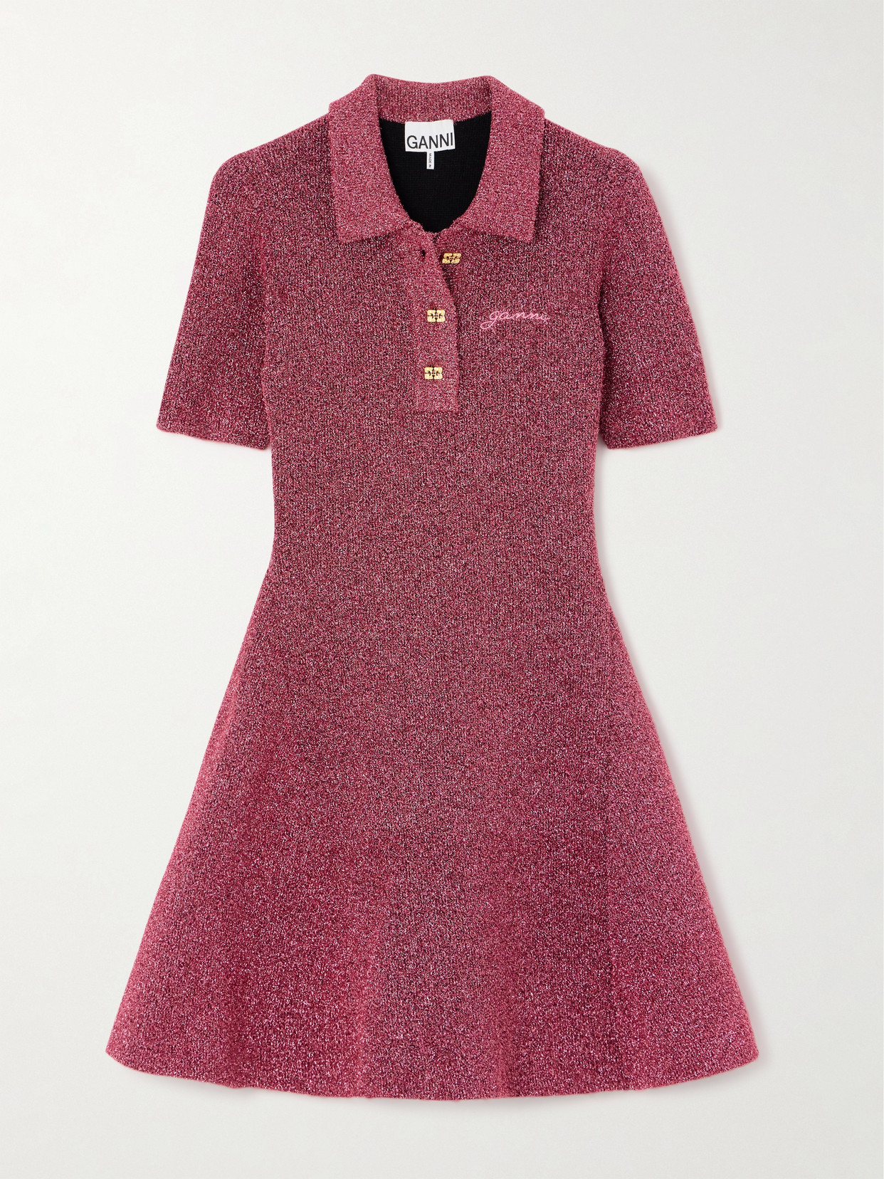 Ganni Embroidered Metallic-knit Mini Dress In Pink