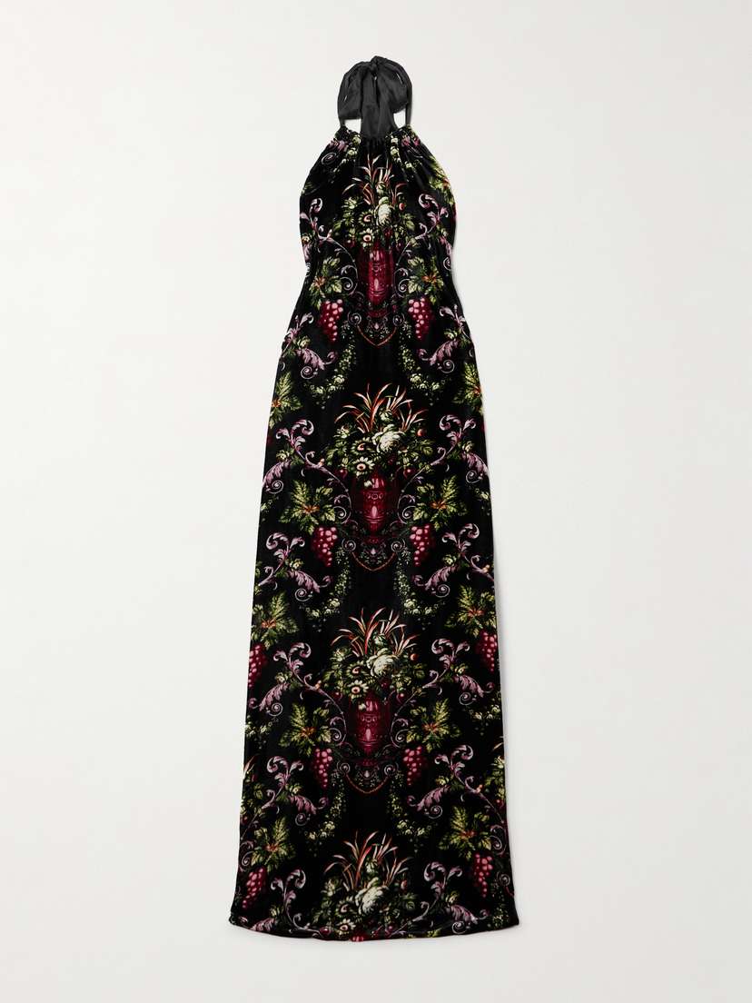Cara Cara Geneva Open-back Satin-trimmed Floral-print Velvet Halterneck Maxi Dress