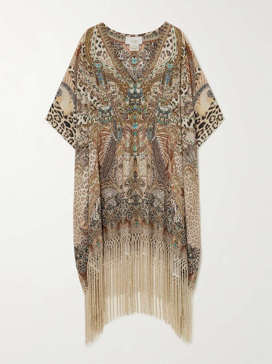 the throne room crystal-embellished fringed printed silk kaftan
