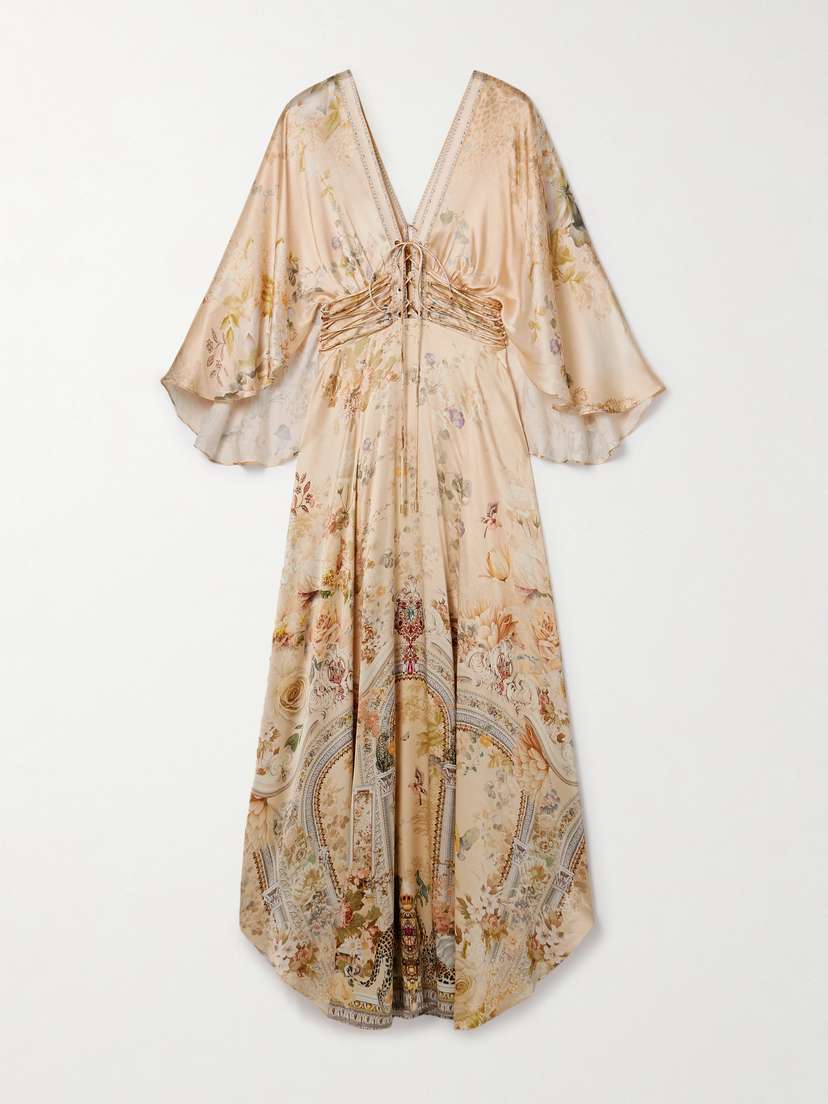 Camilla Lace-up Crystal-embellished Printed Silk-satin Midi Dress - xx large