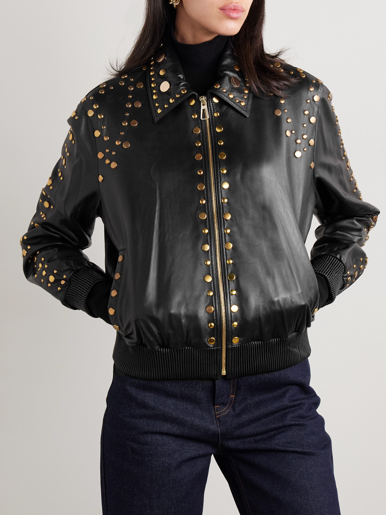 Dodo Bar Or Studded Leather Bomber Jacket In Black
