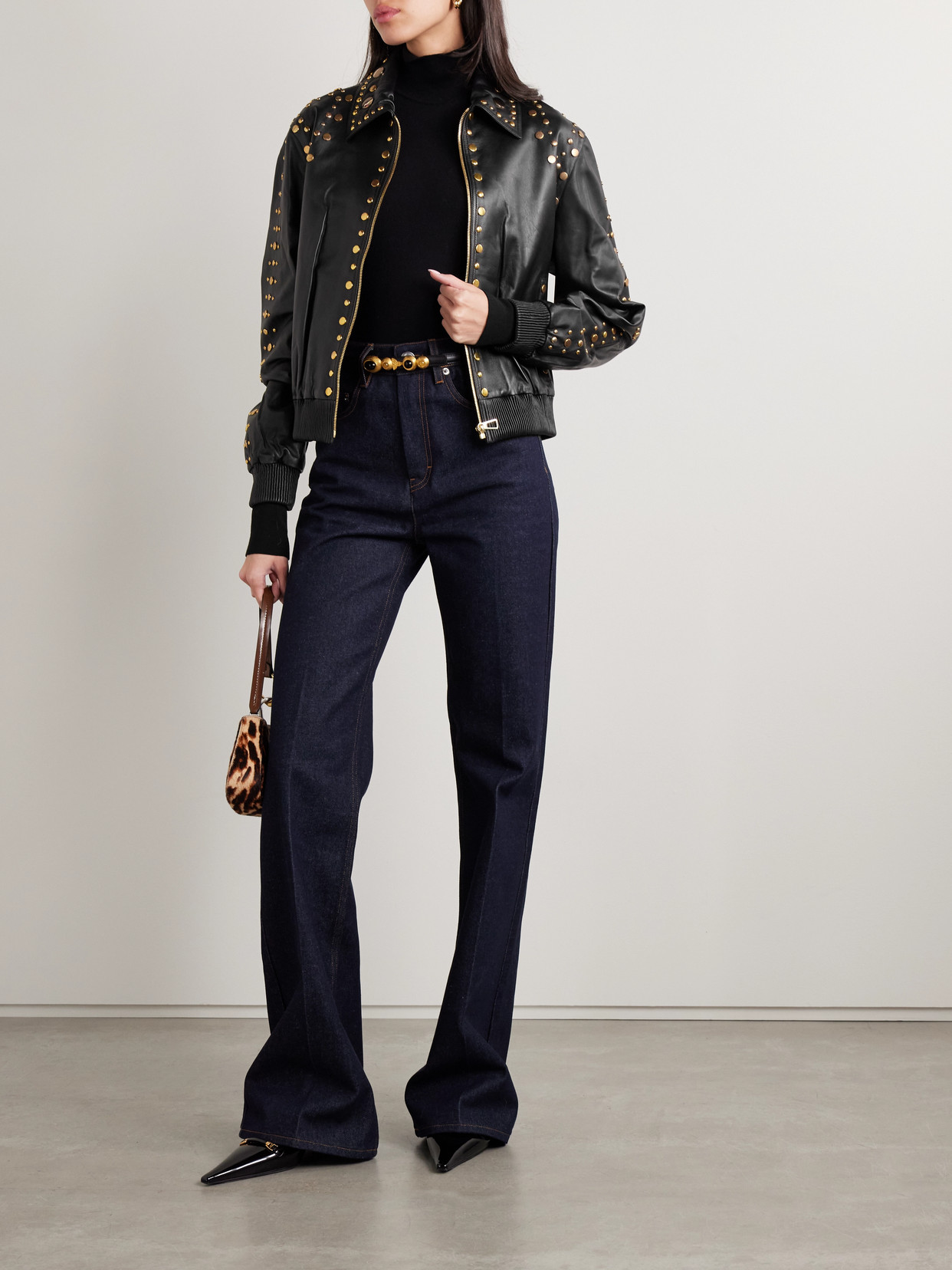 Dodo Bar Or Studded Leather Bomber Jacket In Black