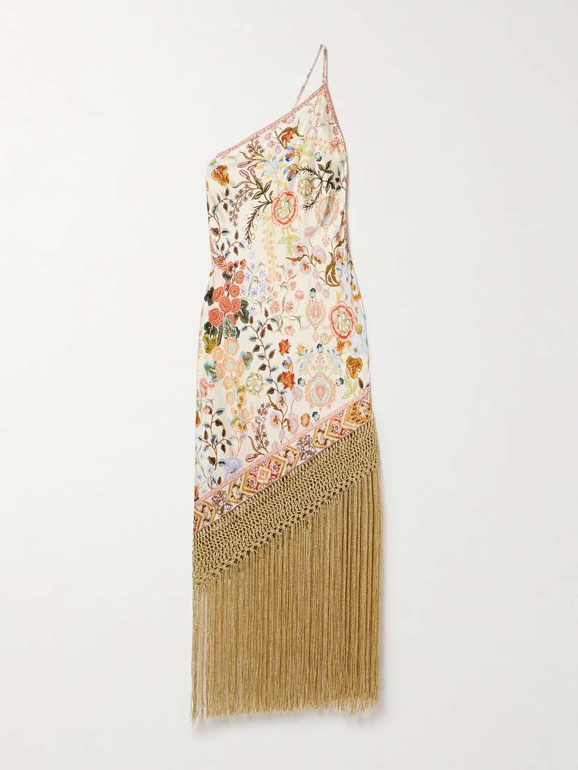 Camilla In Honour Of Heirlooms One-shoulder Fringed Embellished Silk Crepe De Chine Midi Dress
