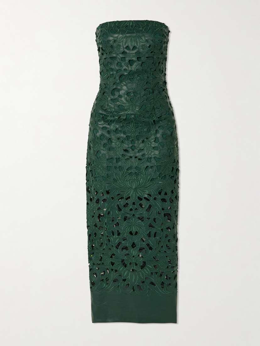 Cult Gaia Raylene Strapless Broderie Anglaise Faux Leather Midi Dress