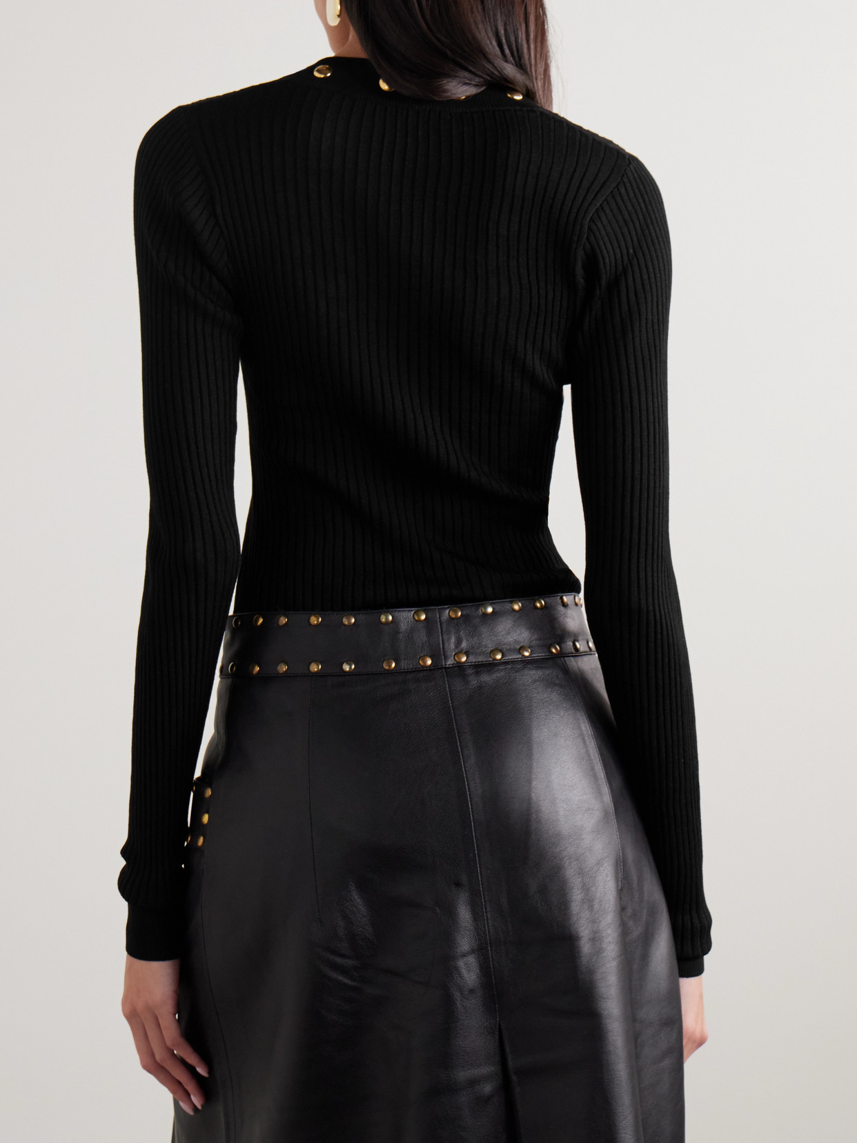 Dodo Bar Or Studded Ribbed-knit Bodysuit In Black