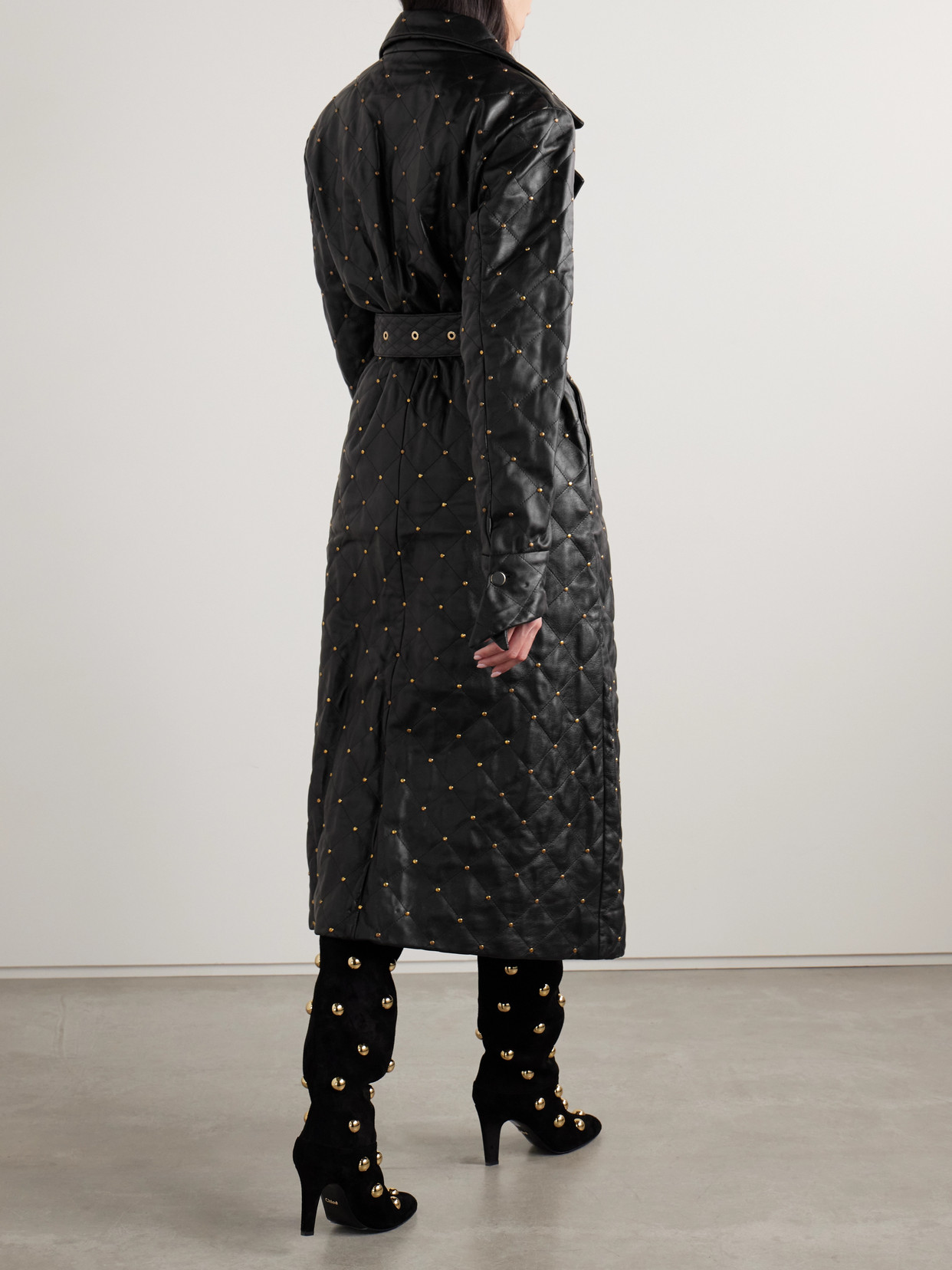 Dodo Bar Or Belted Studded Quilted Leather Midi Dress In Black
