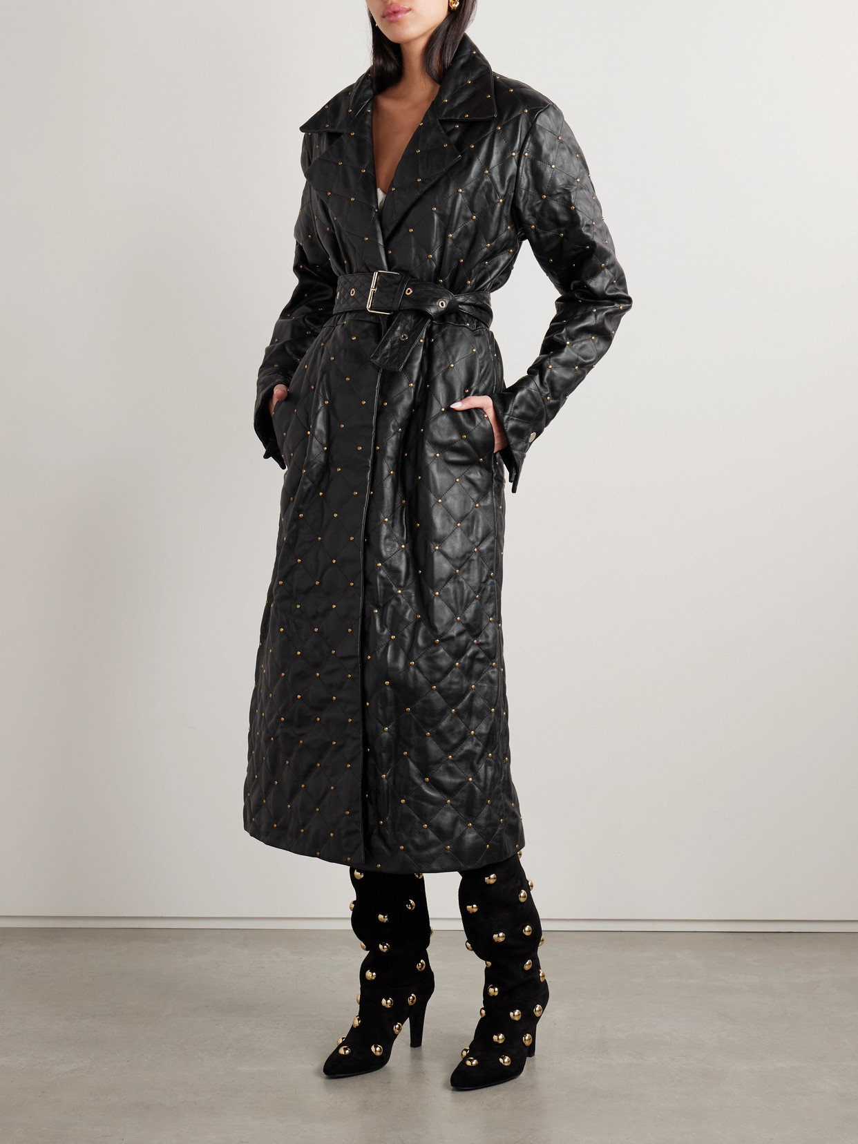 Dodo Bar Or Belted Studded Quilted Leather Midi Dress In Black