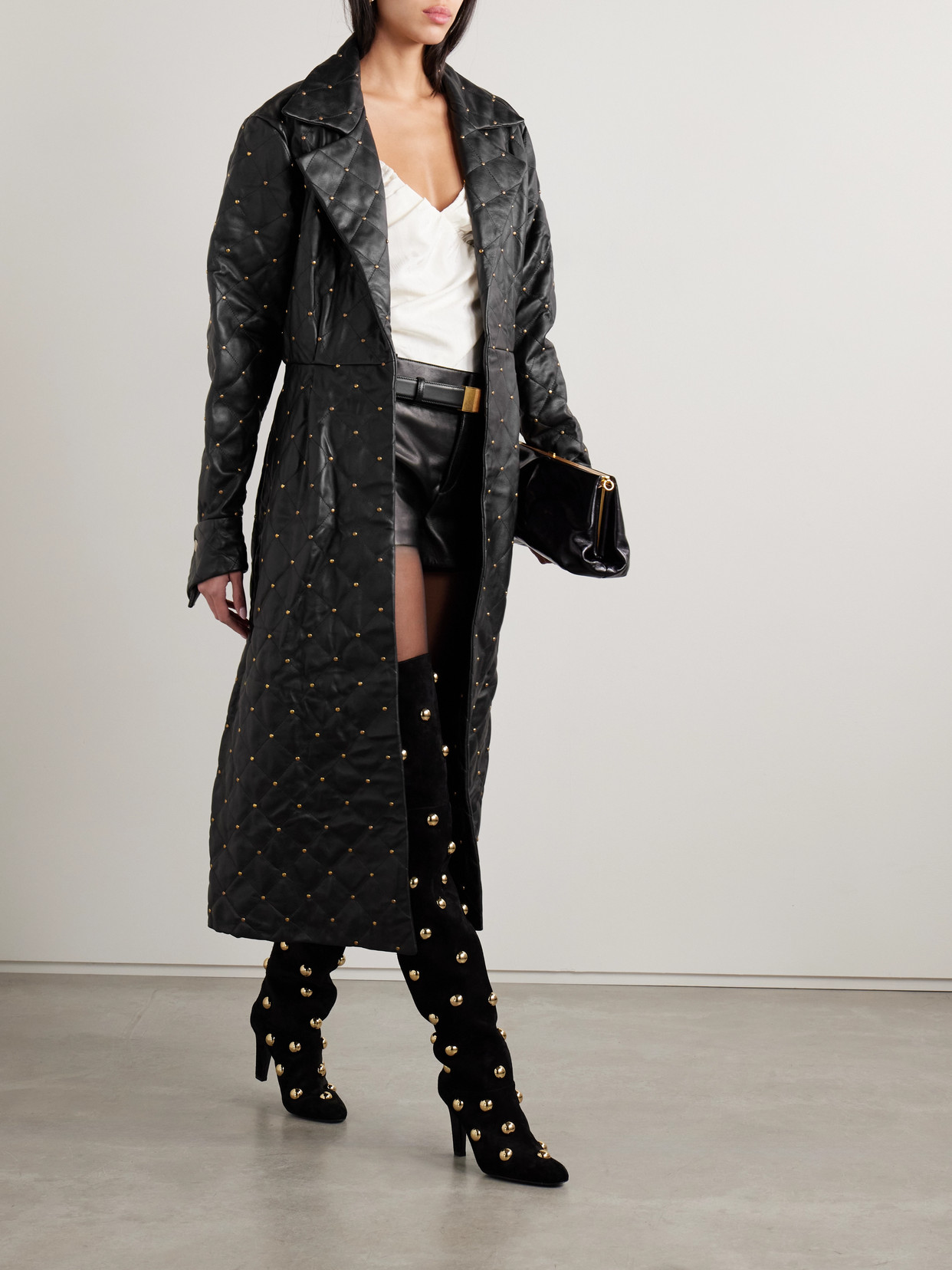 Dodo Bar Or Belted Studded Quilted Leather Midi Dress In Black