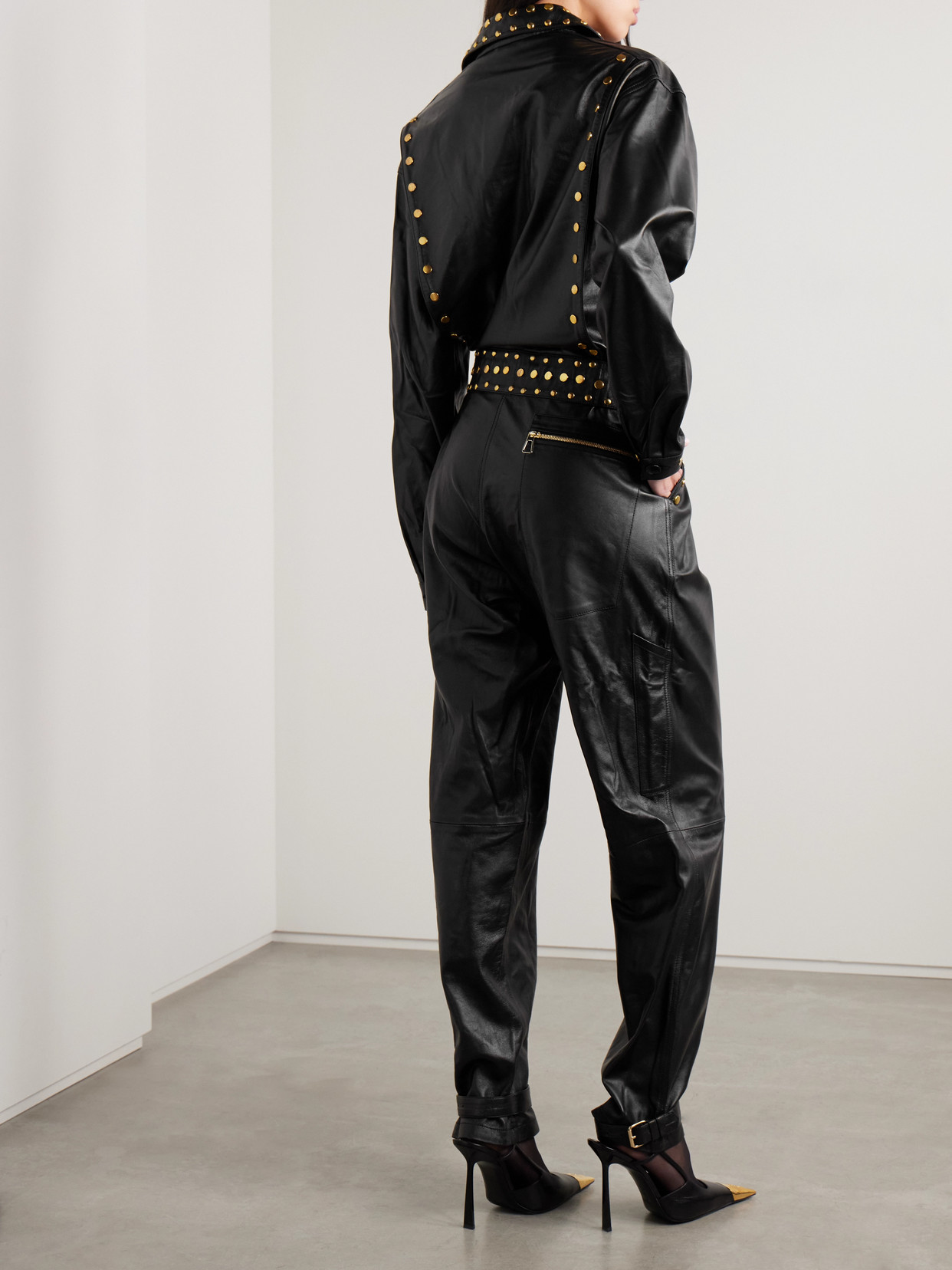 Dodo Bar Or Fipa Belted Studded Leather Jumpsuit In Black