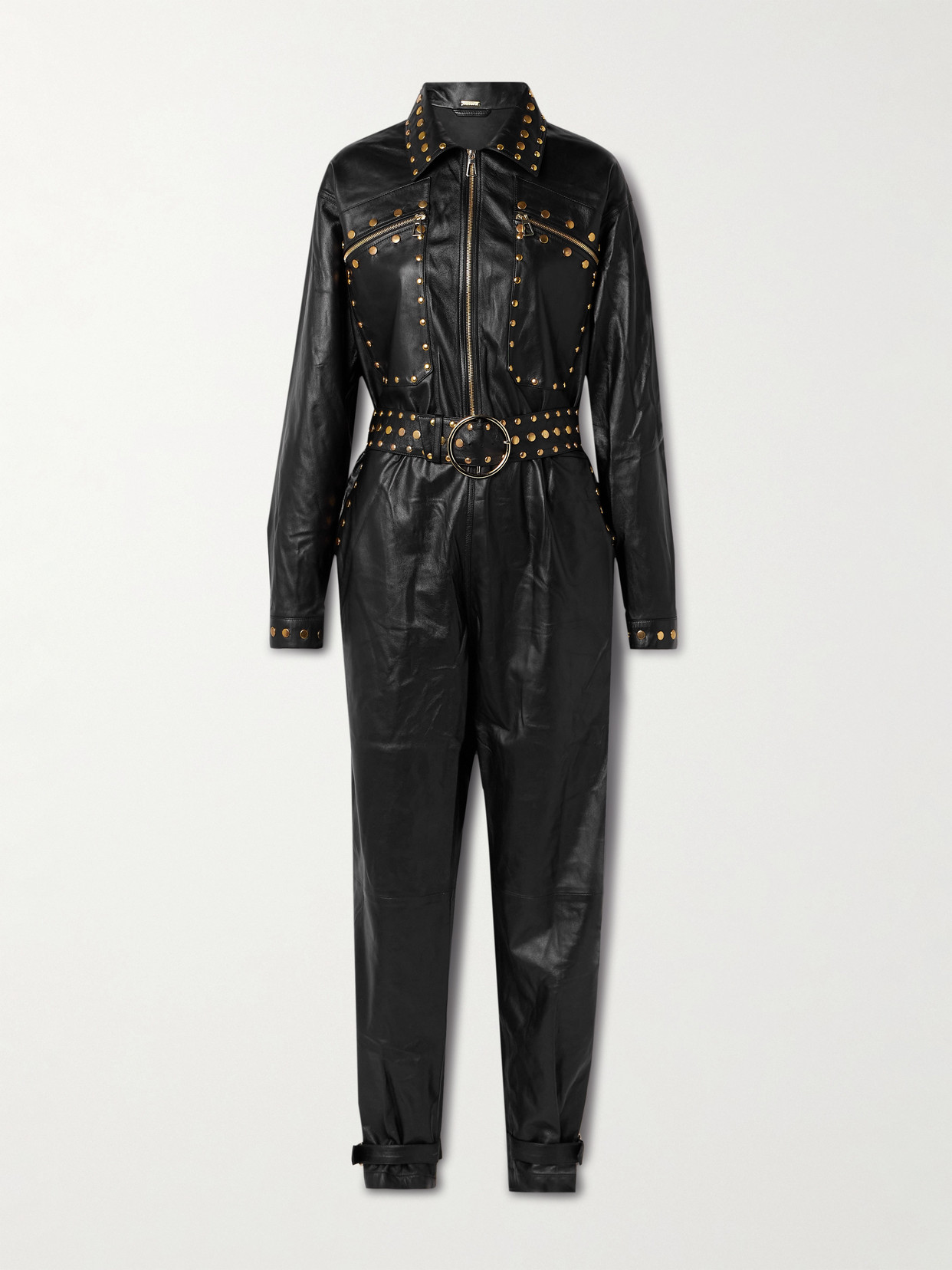 Dodo Bar Or Fipa Belted Studded Leather Jumpsuit In Black
