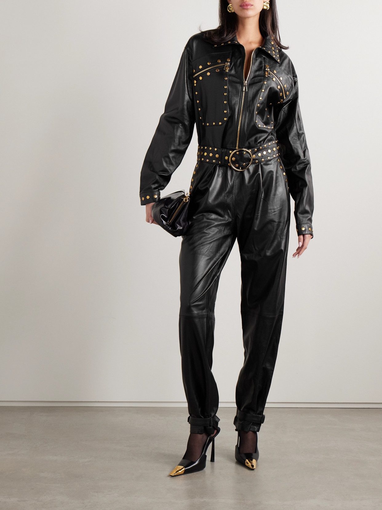 Dodo Bar Or Fipa Belted Studded Leather Jumpsuit In Black